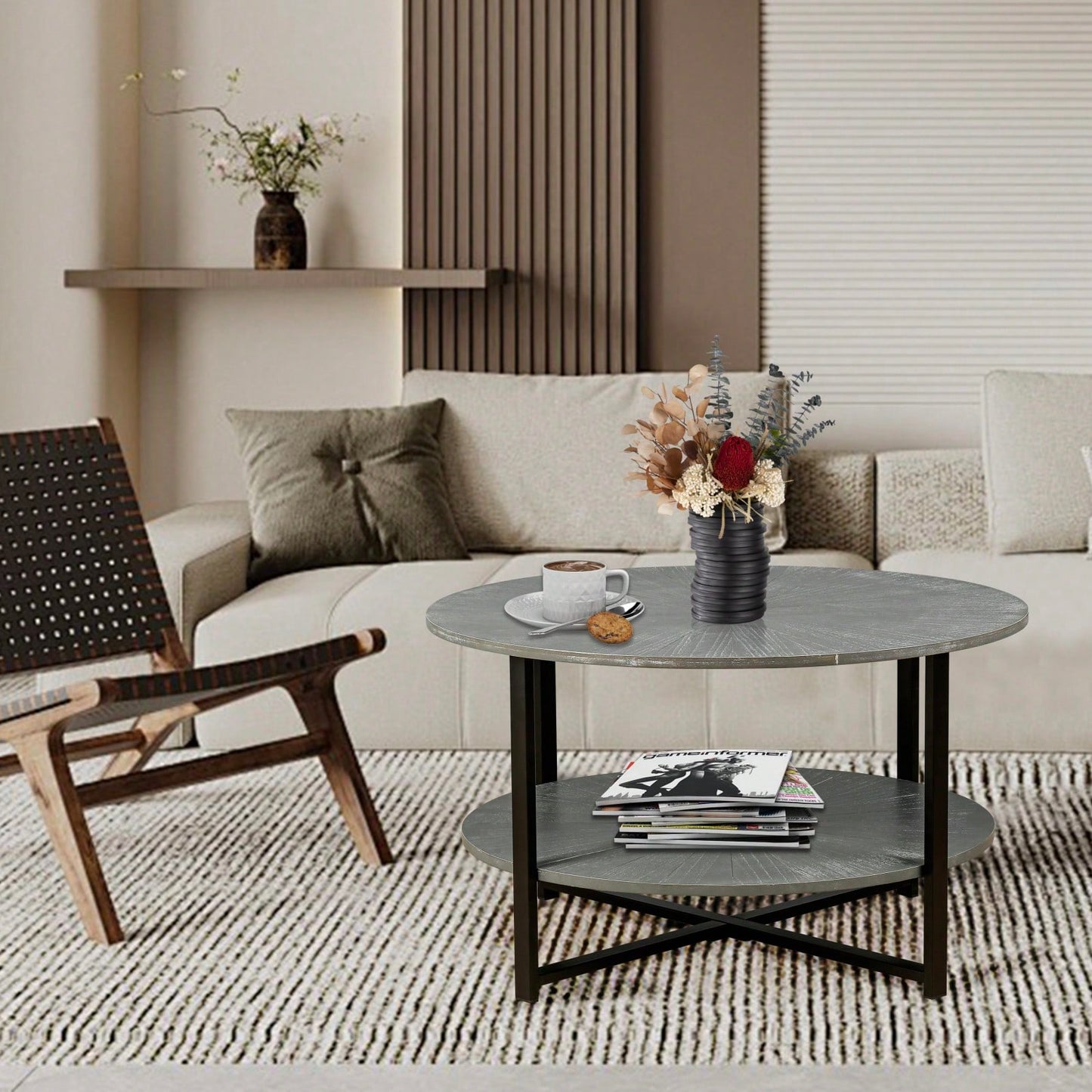 2-Tier Round Coffee Table With Storage, Farmhouse Living Room Cocktail Table With Black Metal Leg,Patchwork Desktop Effect Easy Assembly