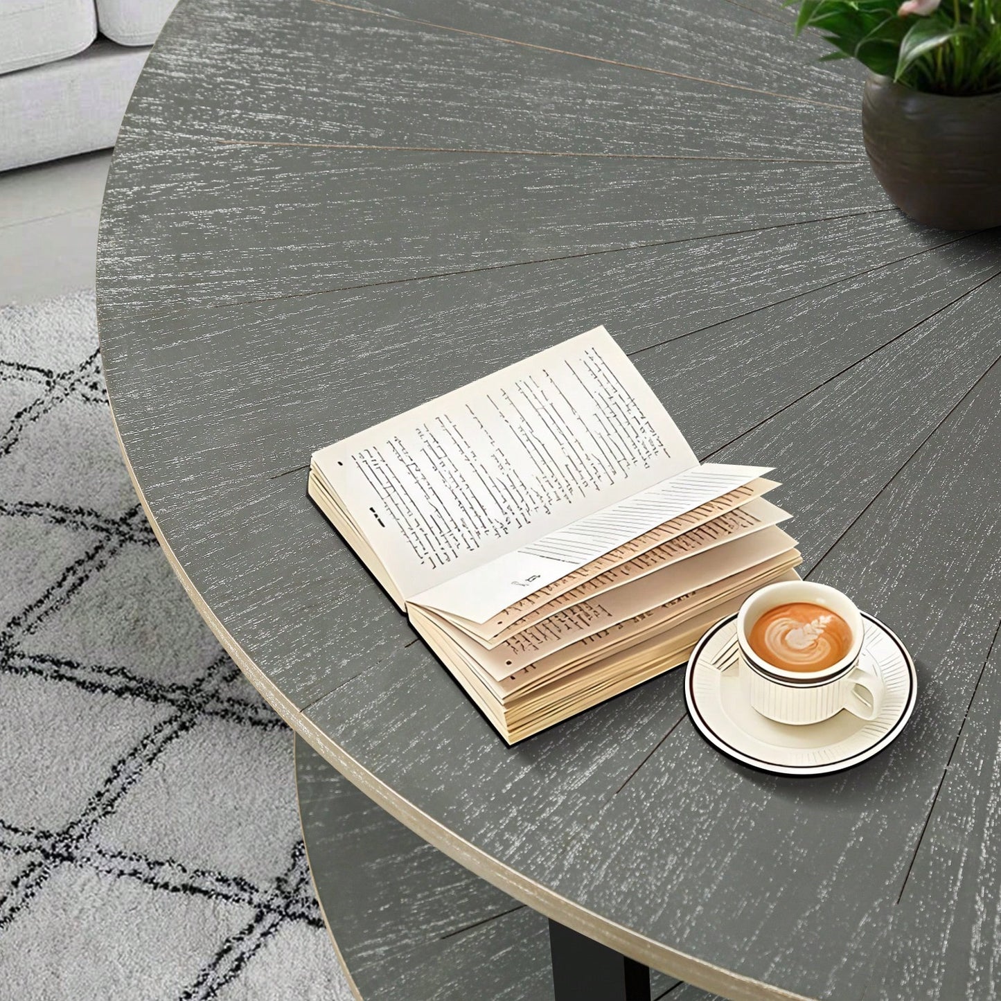 2-Tier Round Coffee Table With Storage, Farmhouse Living Room Cocktail Table With Black Metal Leg,Patchwork Desktop Effect Easy Assembly