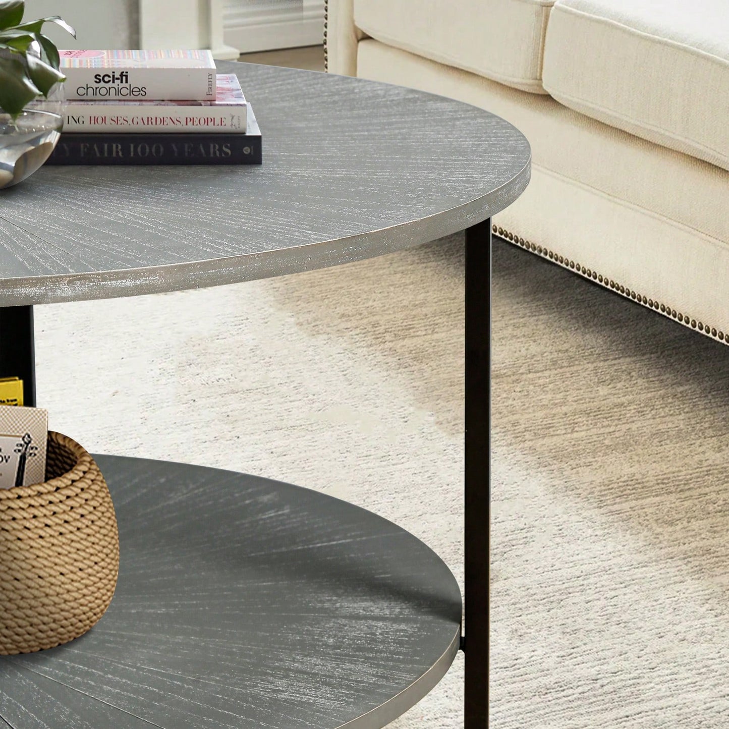 2-Tier Round Coffee Table With Storage, Farmhouse Living Room Cocktail Table With Black Metal Leg,Patchwork Desktop Effect Easy Assembly