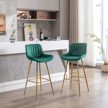 Green Velvet Bar Stools Set of 2 30 Inch Modern Counter Height Stools with Backrest and Footrest for Kitchen Island
