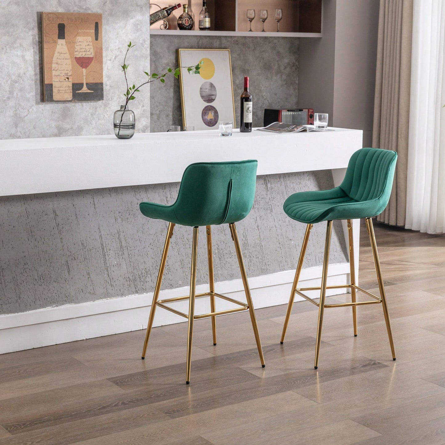 Green Velvet Bar Stools Set of 2 30 Inch Modern Counter Height Stools with Backrest and Footrest for Kitchen Island