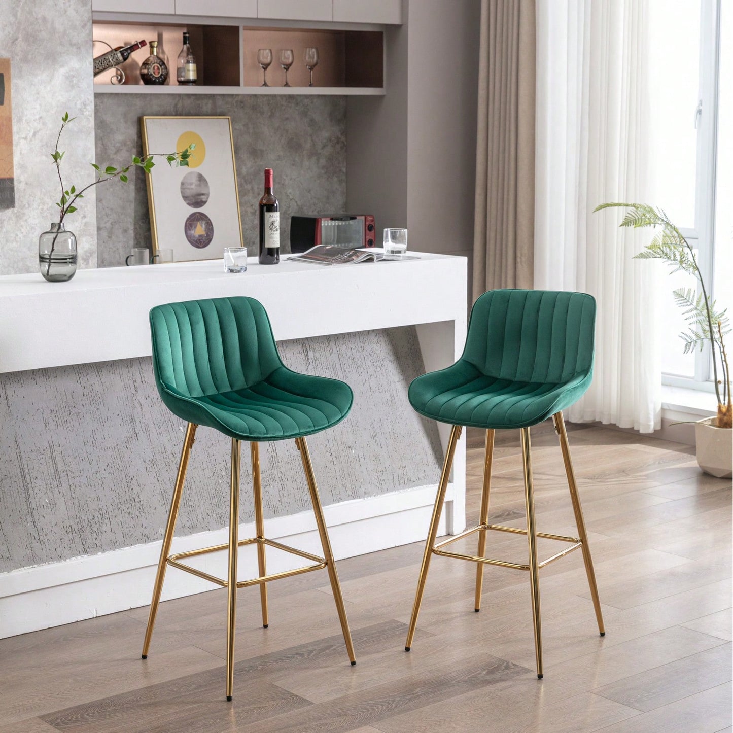 Green Velvet Bar Stools Set of 2 30 Inch Modern Counter Height Stools with Backrest and Footrest for Kitchen Island