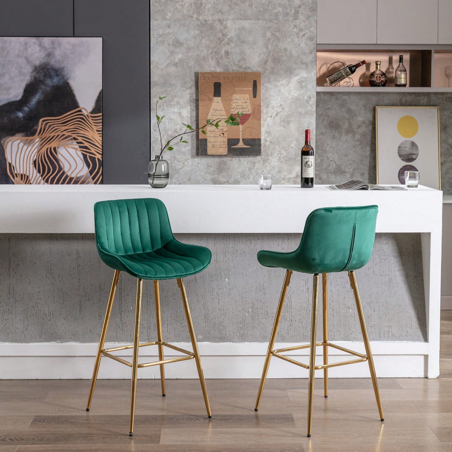 Green Velvet Bar Stools Set of 2 30 Inch Modern Counter Height Stools with Backrest and Footrest for Kitchen Island