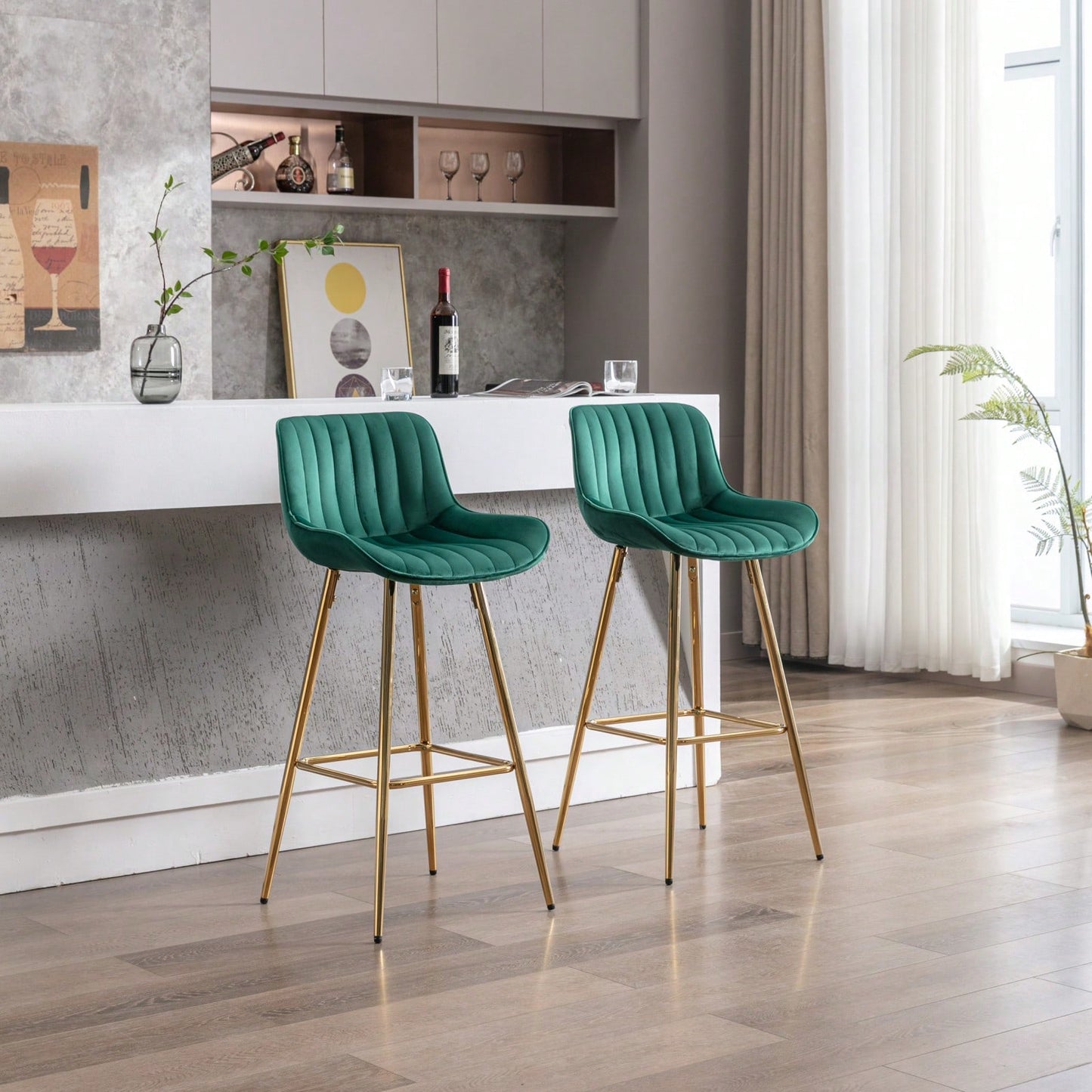 Green Velvet Bar Stools Set of 2 30 Inch Modern Counter Height Stools with Backrest and Footrest for Kitchen Island