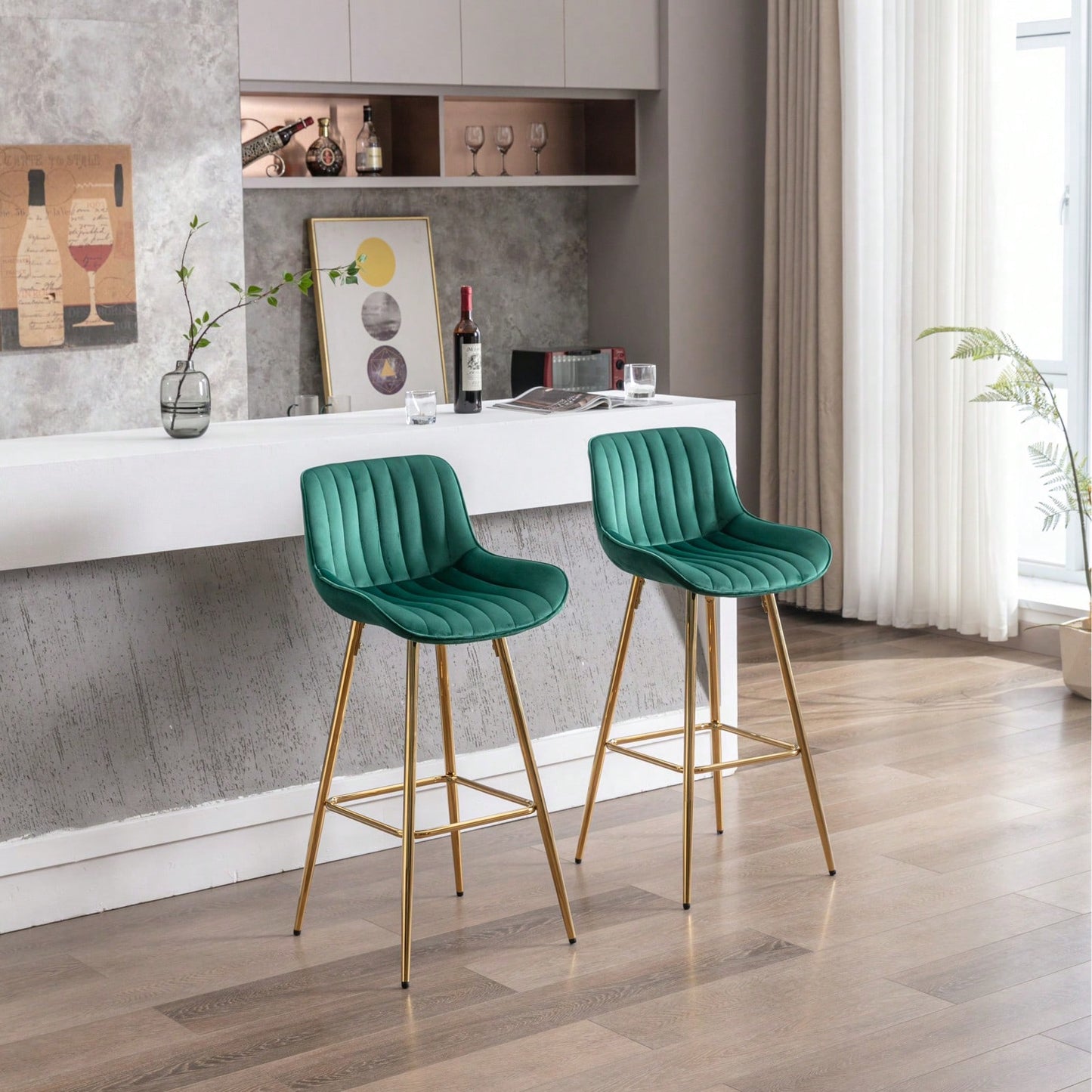 Green Velvet Bar Stools Set of 2 30 Inch Modern Counter Height Stools with Backrest and Footrest for Kitchen Island