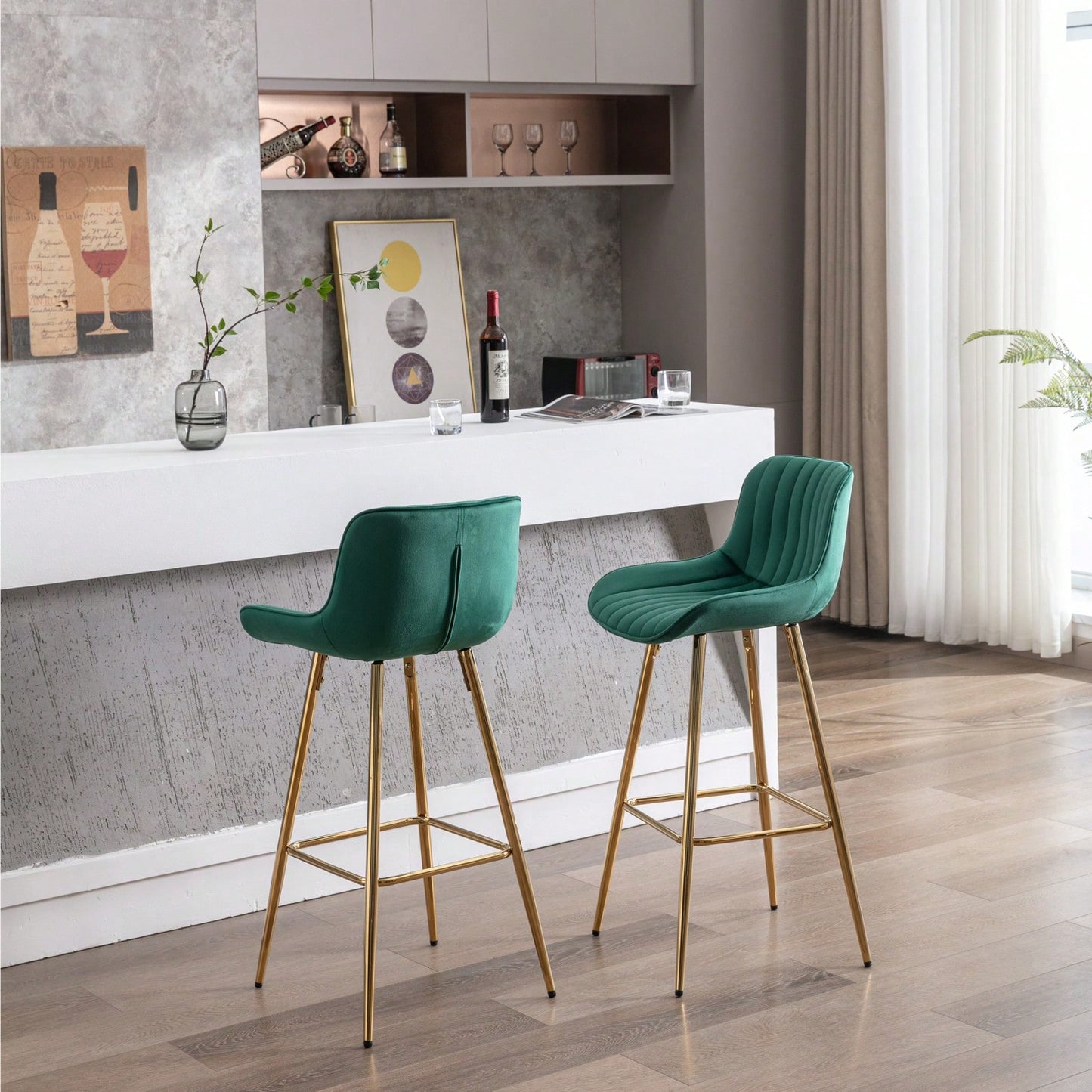 Green Velvet Bar Stools Set of 2 30 Inch Modern Counter Height Stools with Backrest and Footrest for Kitchen Island