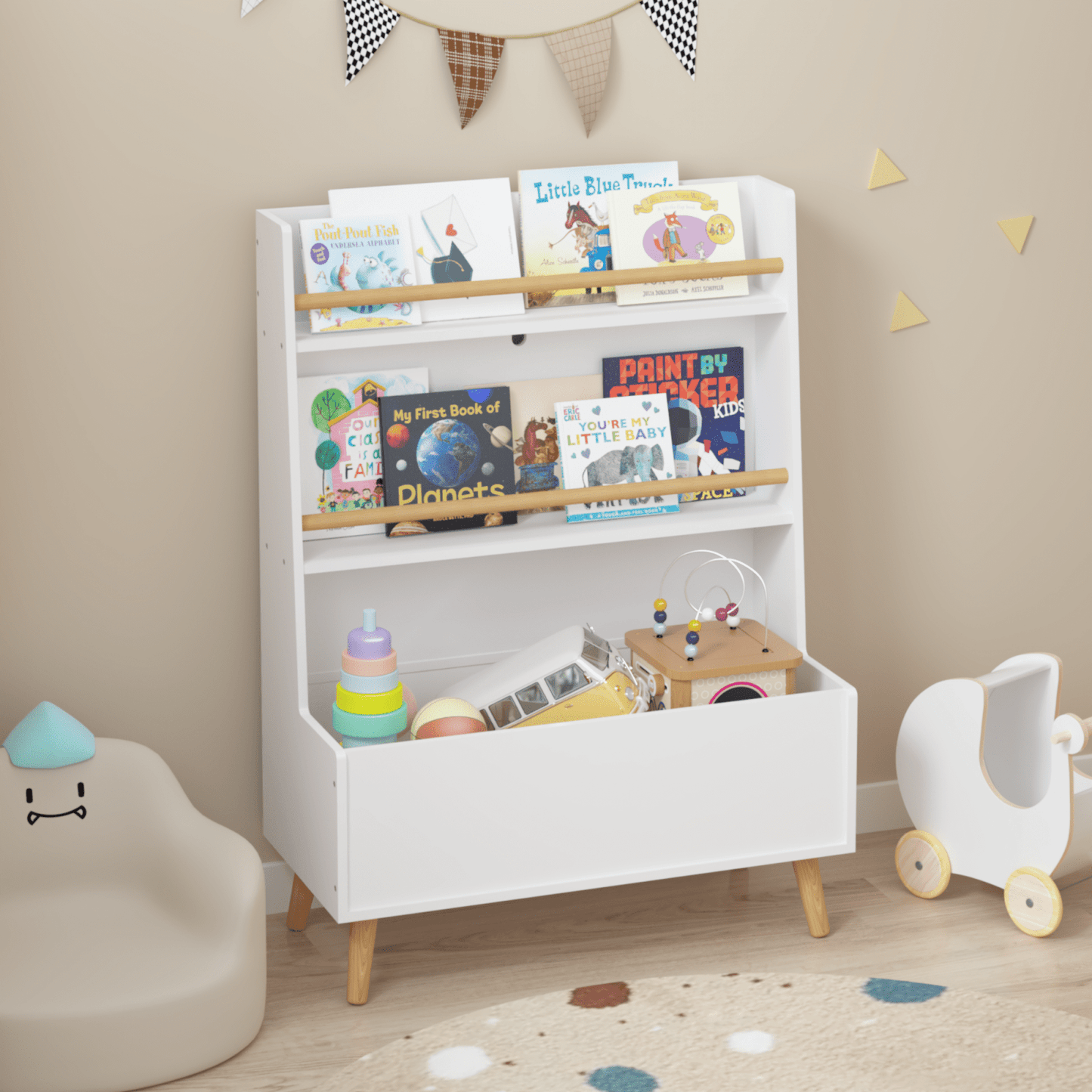 Kids Bookshelf, Book And Magazine Rack, Book Organizer, Toy Storage Cabinet Organizer, White