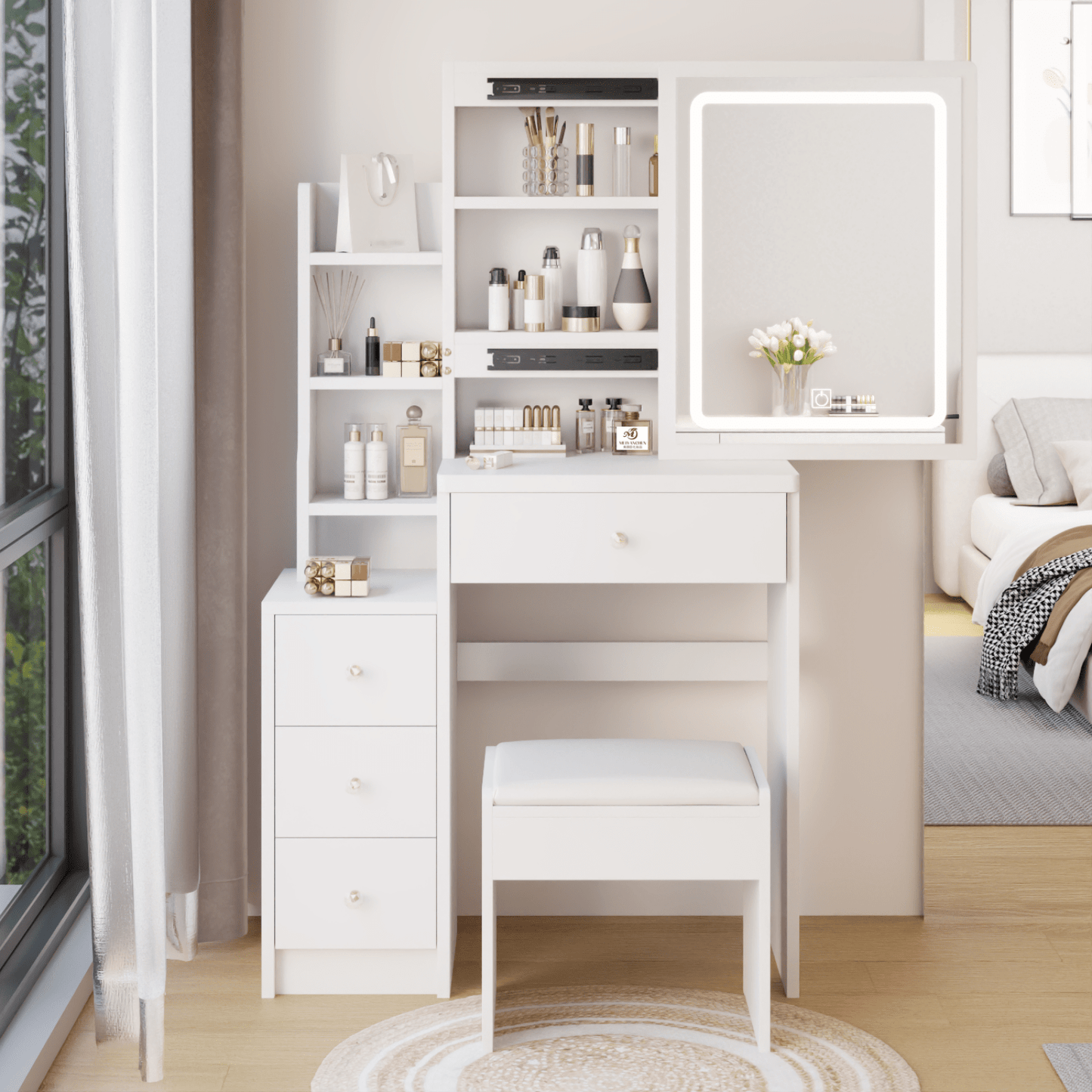Compact Vanity Table with Cushioned Stool and LED Touch Control Mirror Tri-Color Brightness Adjustable