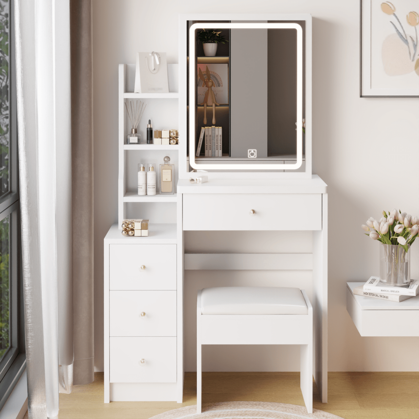 Compact Vanity Table with Cushioned Stool and LED Touch Control Mirror Tri-Color Brightness Adjustable