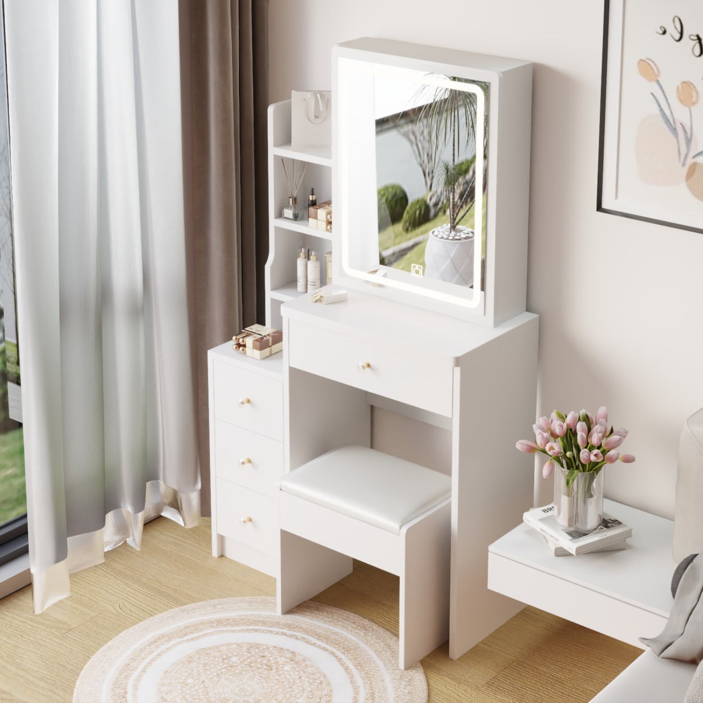Compact Vanity Table with Cushioned Stool and LED Touch Control Mirror Tri-Color Brightness Adjustable