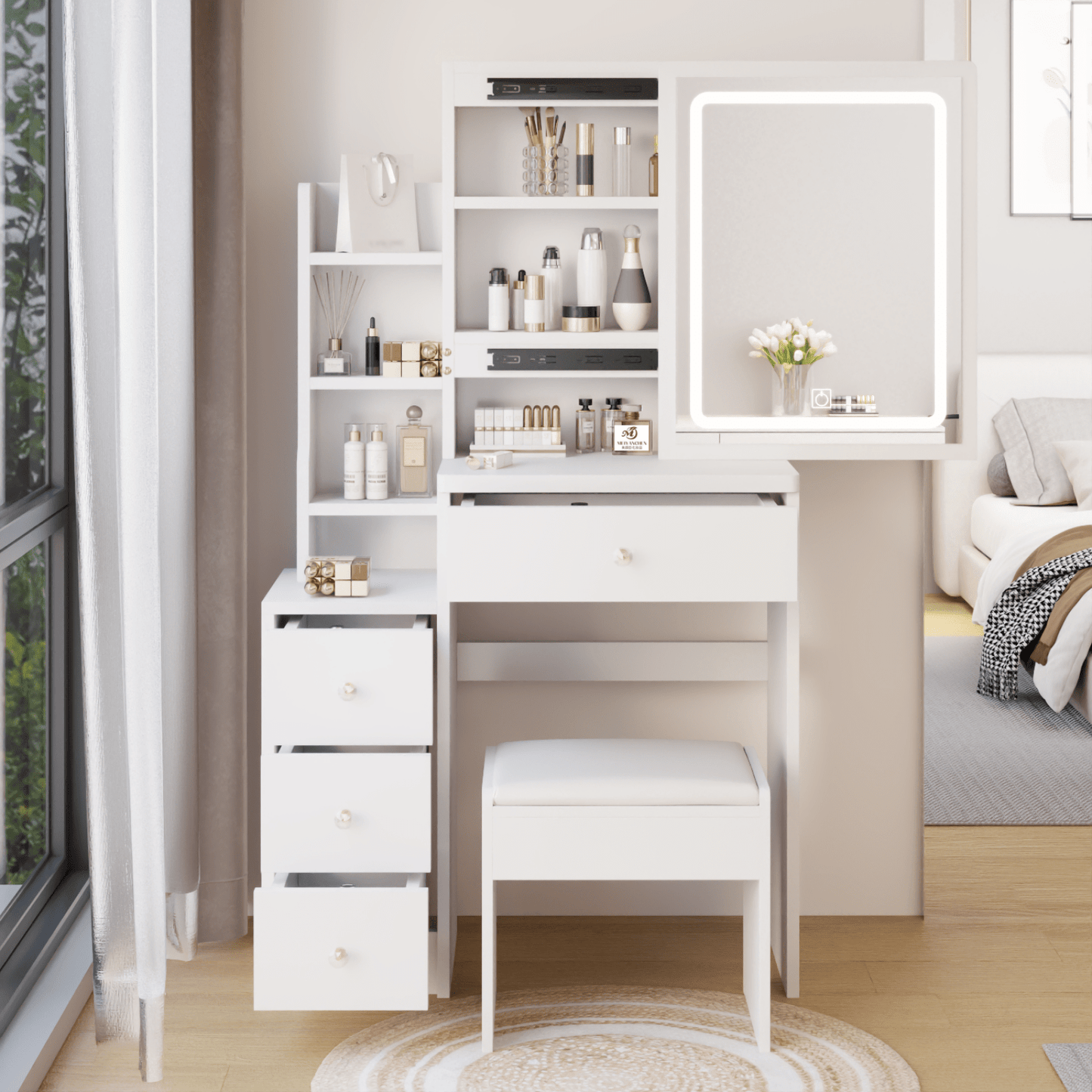 Compact Vanity Table with Cushioned Stool and LED Touch Control Mirror Tri-Color Brightness Adjustable