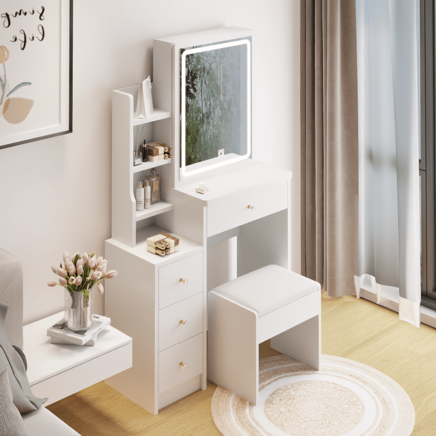 Compact Vanity Table with Cushioned Stool and LED Touch Control Mirror Tri-Color Brightness Adjustable