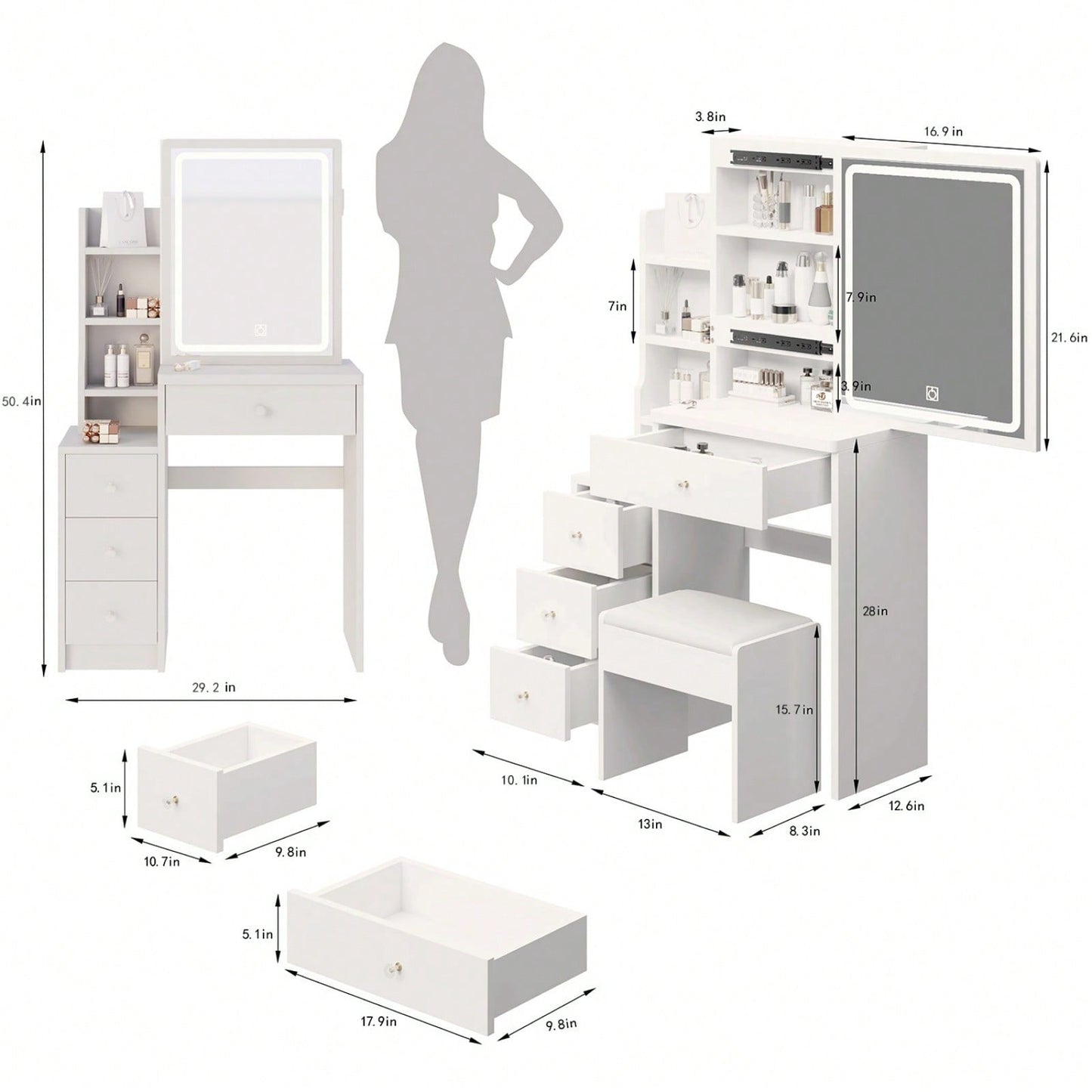 Compact Vanity Table with Cushioned Stool and LED Touch Control Mirror Tri-Color Brightness Adjustable