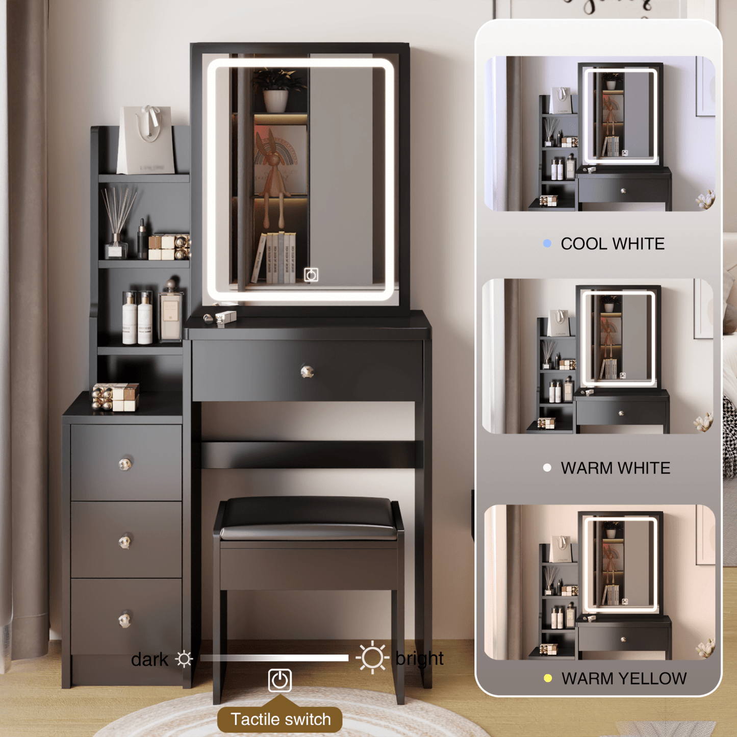 Compact Vanity Table with Cushioned Stool and LED Touch Control Mirror Tri-Color Brightness Adjustable