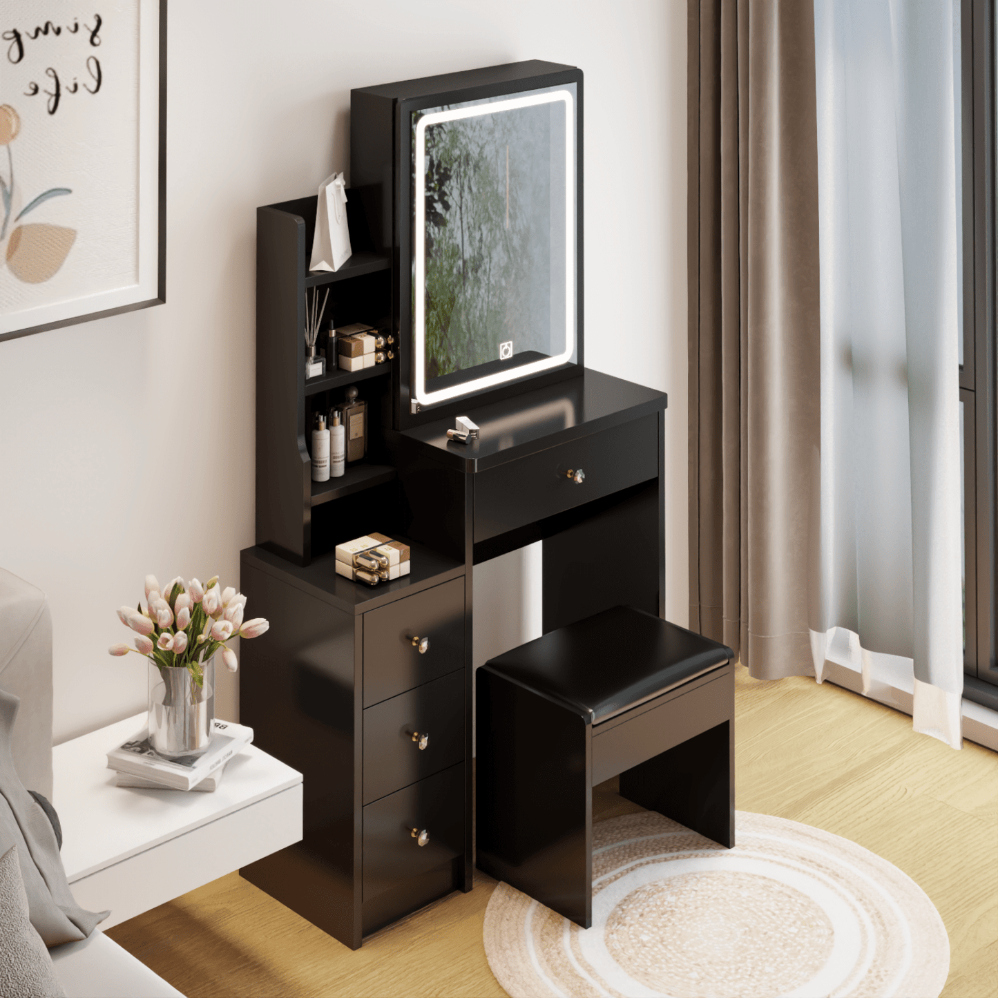 Compact Vanity Table with Cushioned Stool and LED Touch Control Mirror Tri-Color Brightness Adjustable