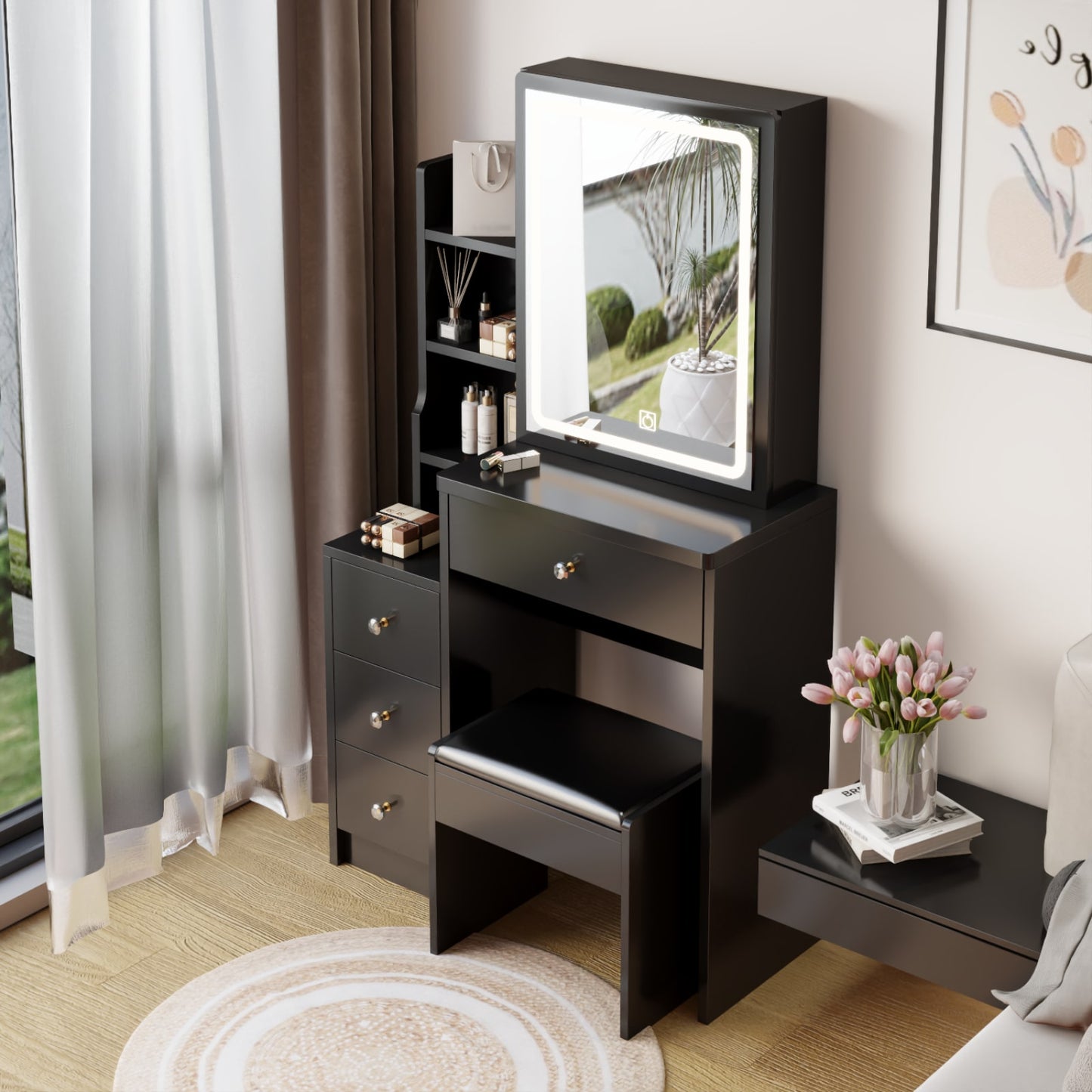Compact Vanity Table with Cushioned Stool and LED Touch Control Mirror Tri-Color Brightness Adjustable
