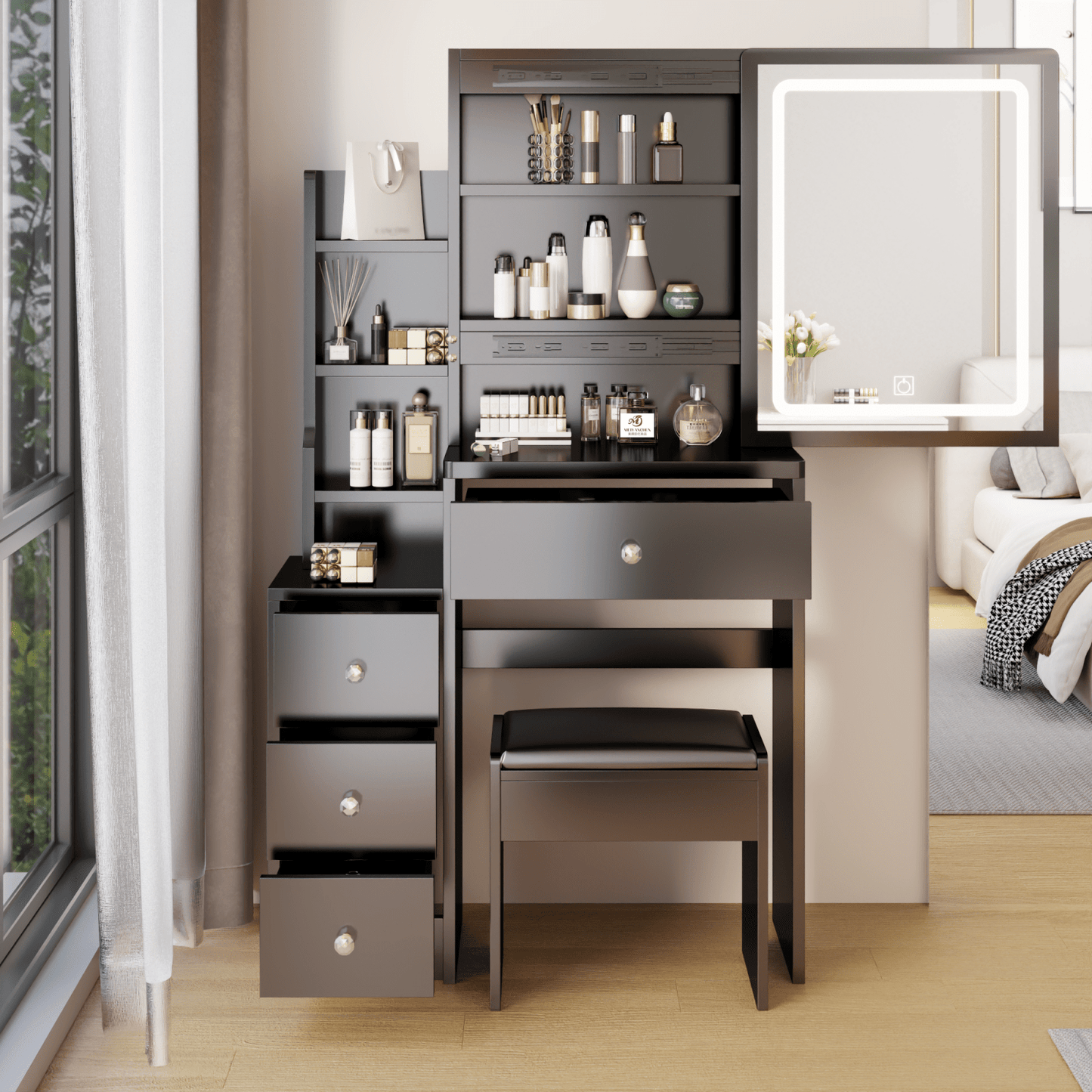 Compact Vanity Table with Cushioned Stool and LED Touch Control Mirror Tri-Color Brightness Adjustable