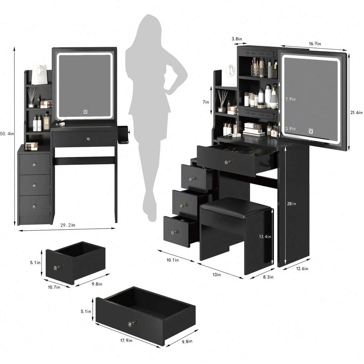 Compact Vanity Table with Cushioned Stool and LED Touch Control Mirror Tri-Color Brightness Adjustable
