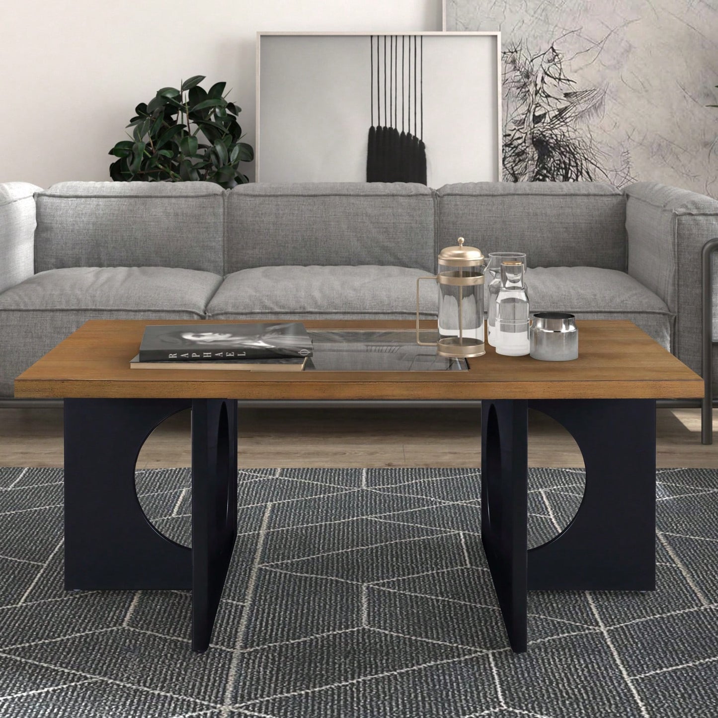 47 Inch Modern Coffee Table with Tempered Glass Top Durable MDF and Birch Veneer Easy Assembly for Living Room