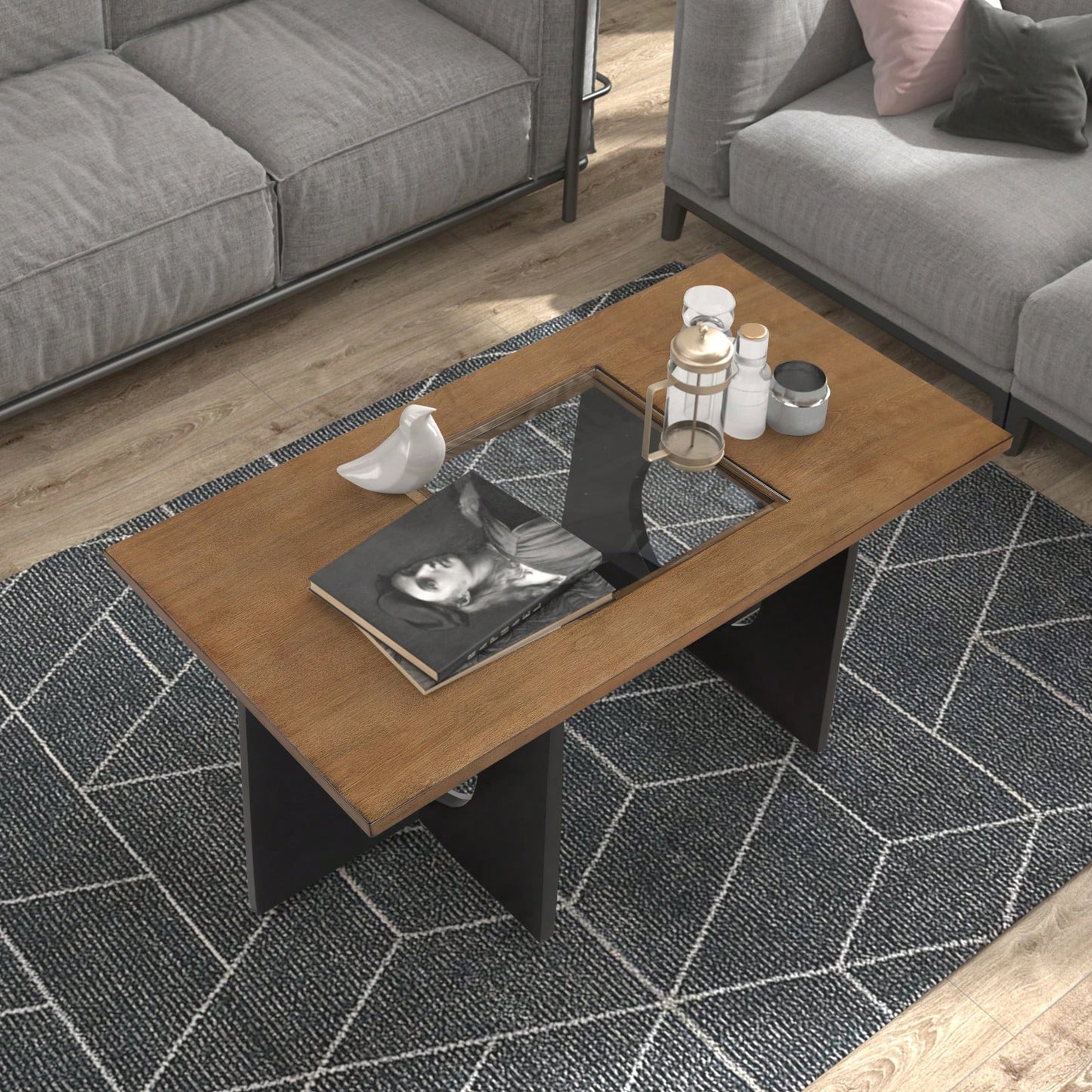 47 Inch Modern Coffee Table with Tempered Glass Top Durable MDF and Birch Veneer Easy Assembly for Living Room