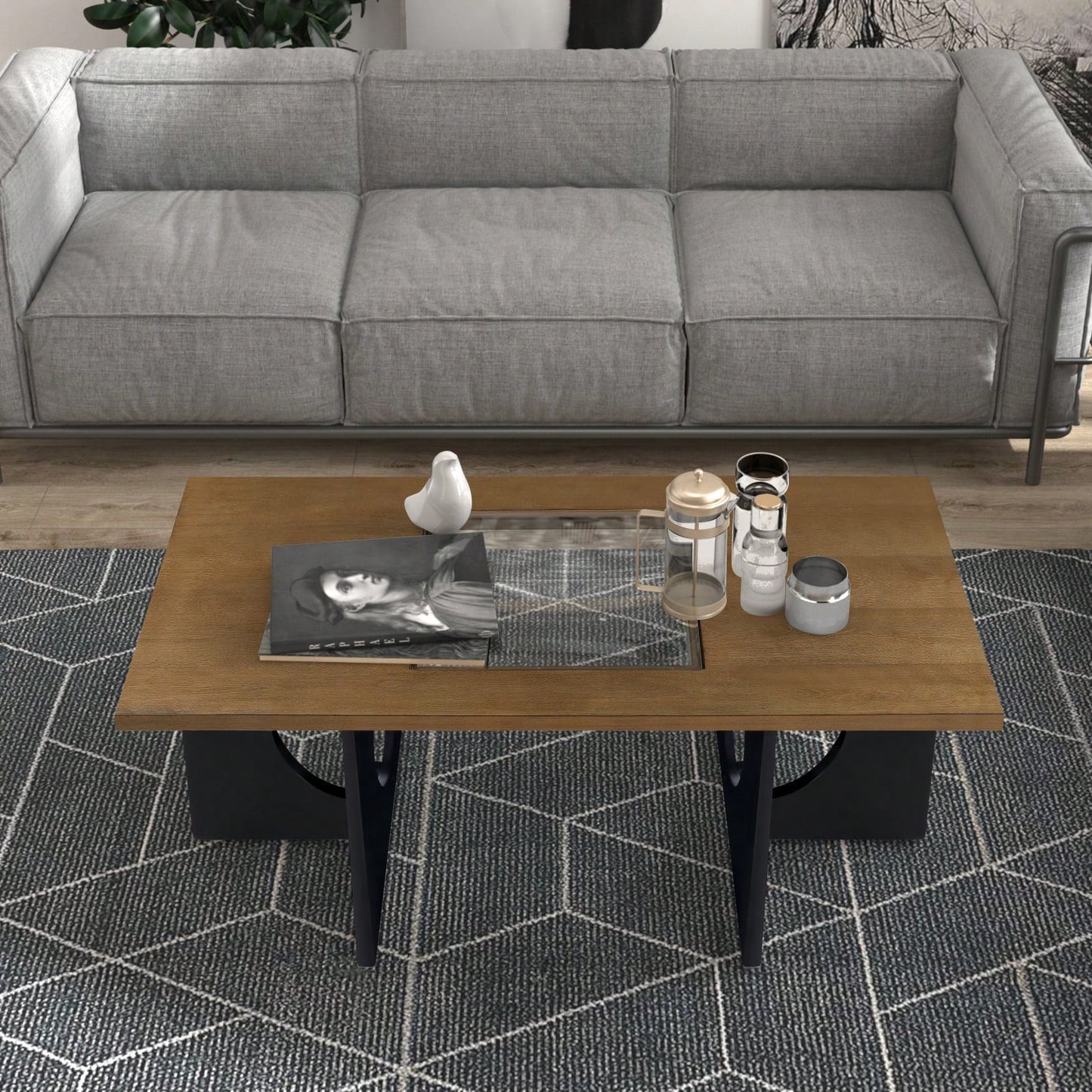 47 Inch Modern Coffee Table with Tempered Glass Top Durable MDF and Birch Veneer Easy Assembly for Living Room