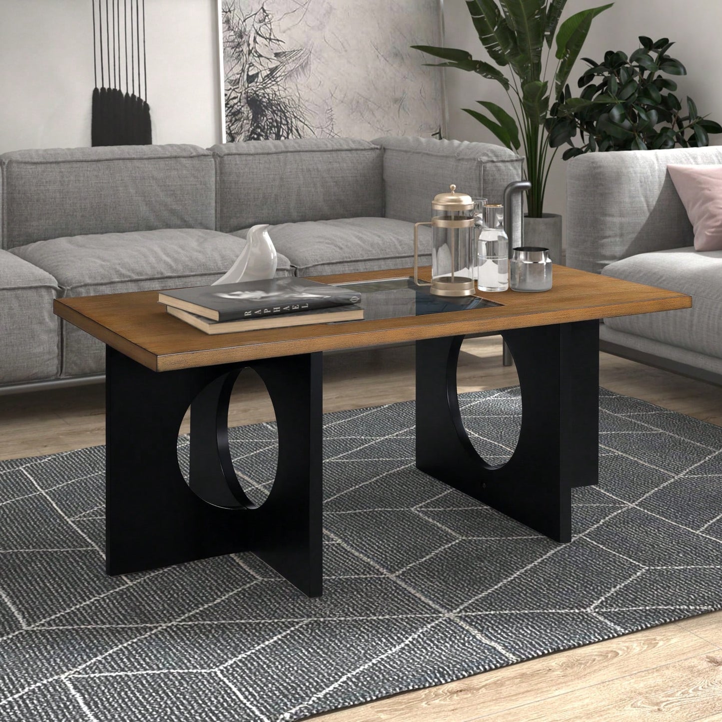 47 Inch Modern Coffee Table with Tempered Glass Top Durable MDF and Birch Veneer Easy Assembly for Living Room