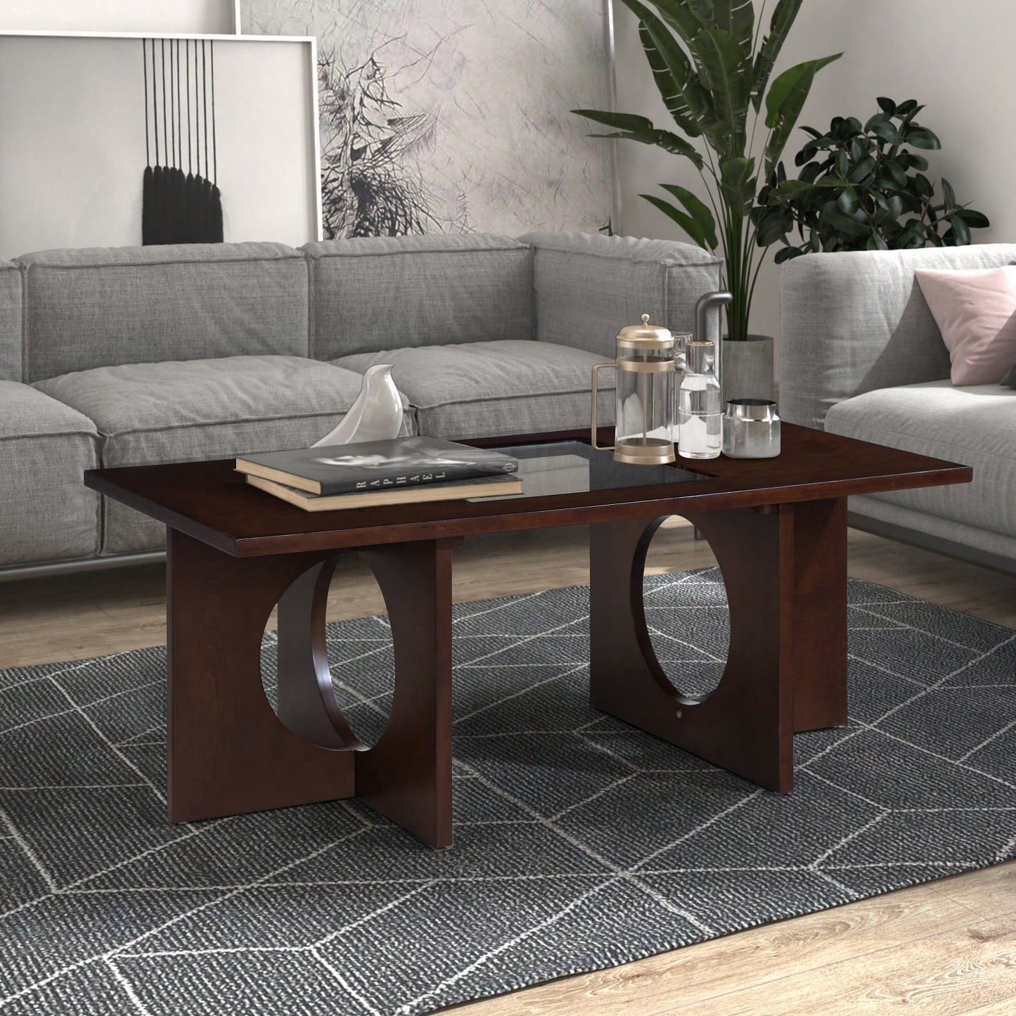 47 Inch Modern Coffee Table with Tempered Glass Top Durable MDF and Birch Veneer Easy Assembly for Living Room