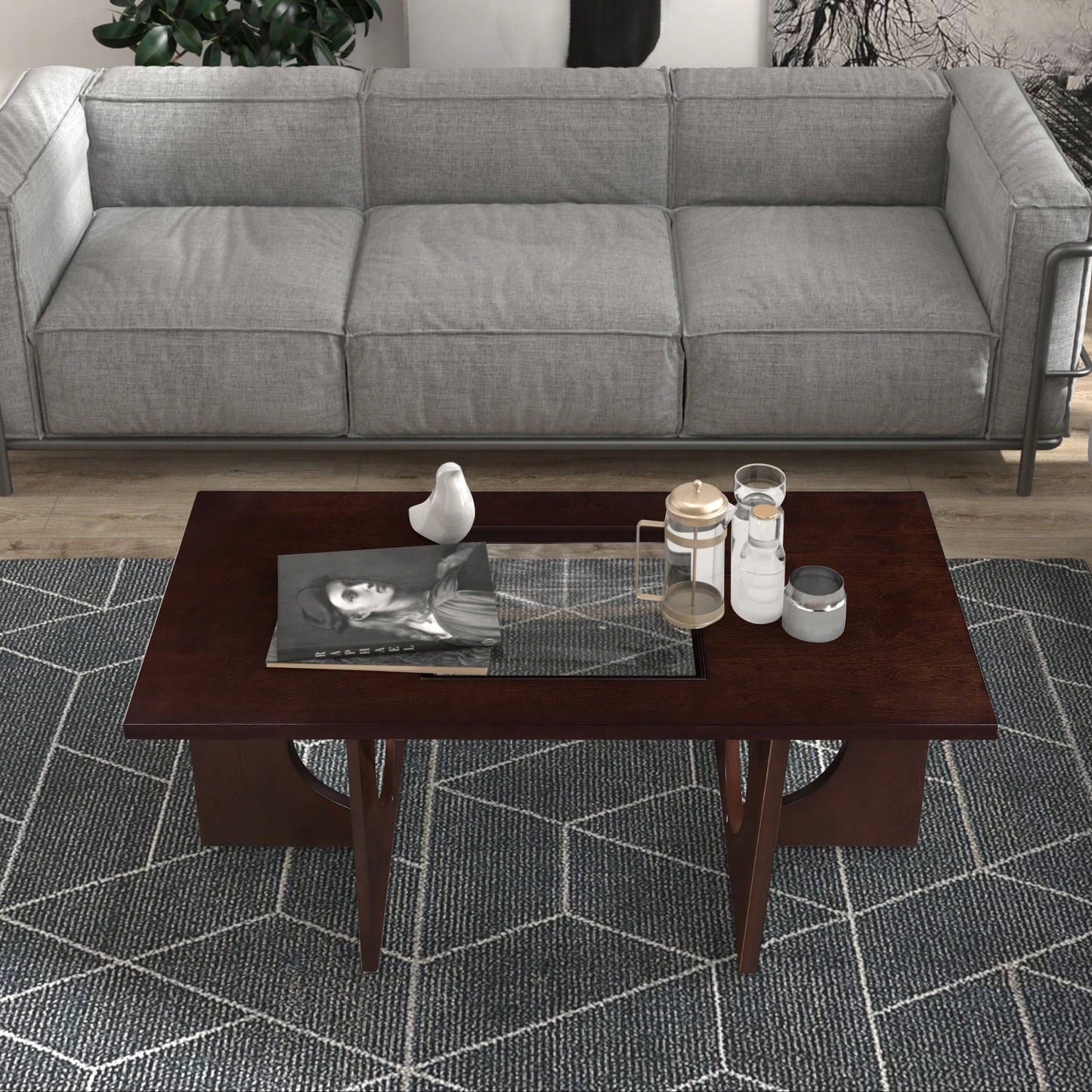 47 Inch Modern Coffee Table with Tempered Glass Top Durable MDF and Birch Veneer Easy Assembly for Living Room