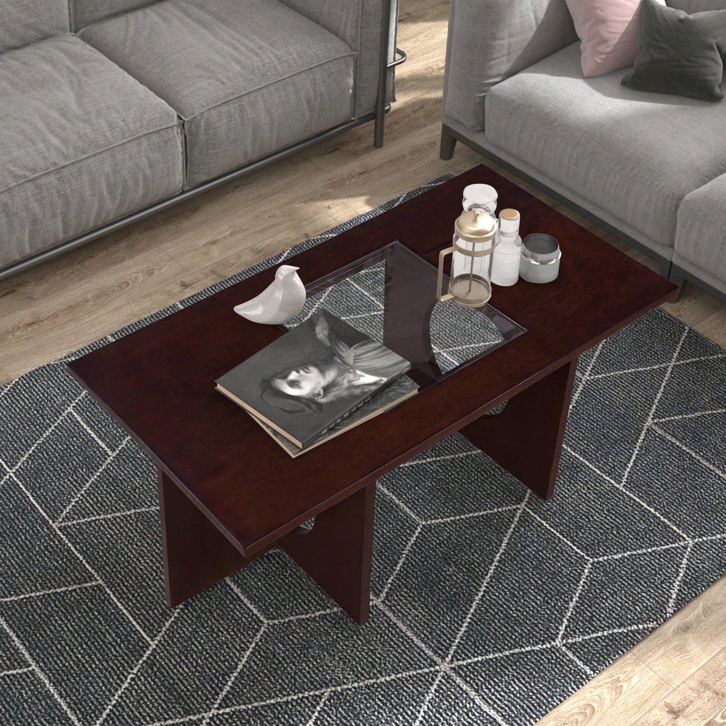 47 Inch Modern Coffee Table with Tempered Glass Top Durable MDF and Birch Veneer Easy Assembly for Living Room
