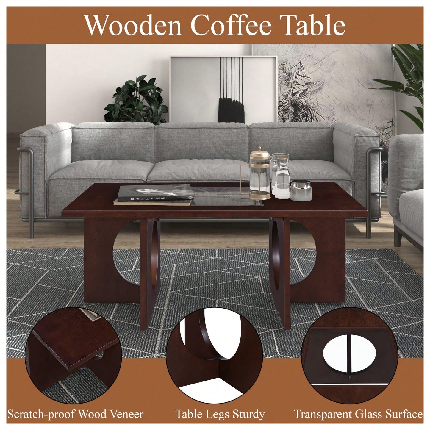 47 Inch Modern Coffee Table with Tempered Glass Top Durable MDF and Birch Veneer Easy Assembly for Living Room