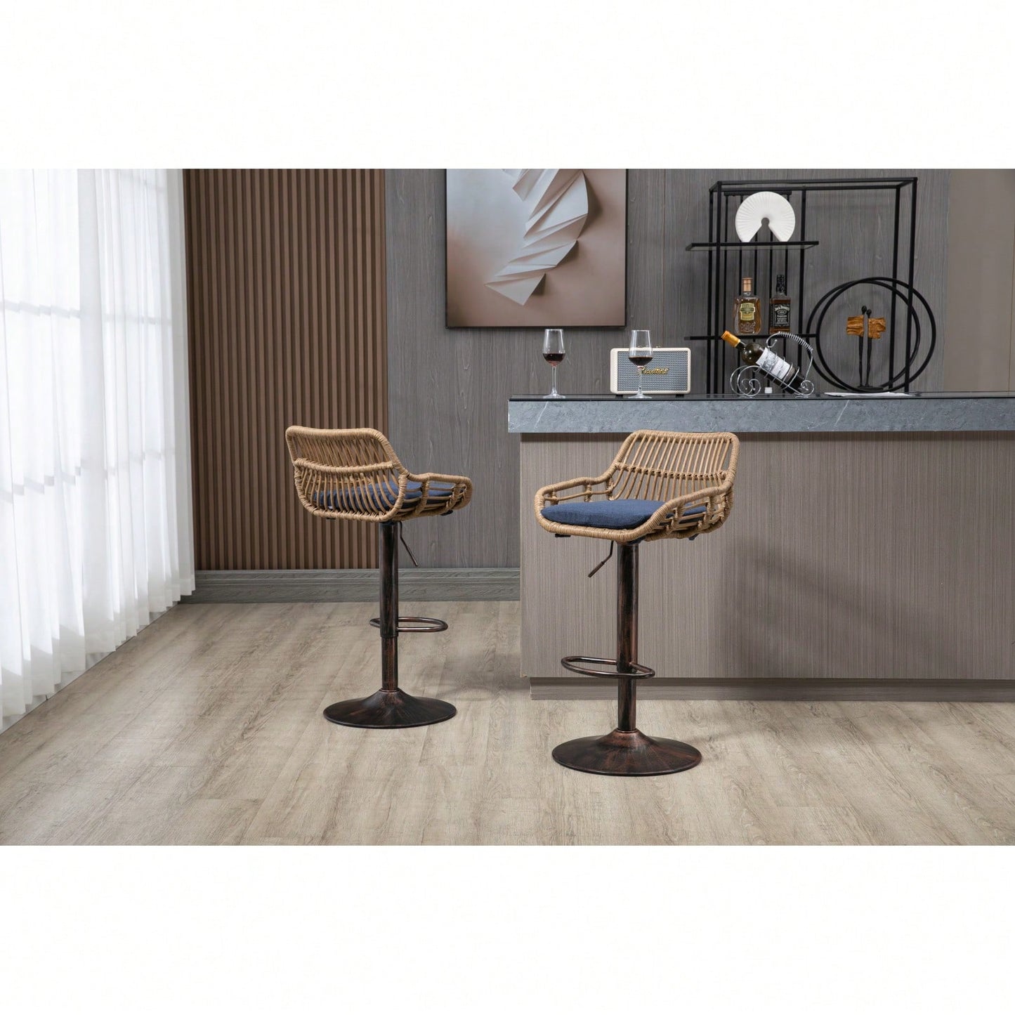 Adjustable Swivel Bar Stools Set of 2 with Linen Upholstery and Vintage Gold Legs for Kitchen and Dining Room