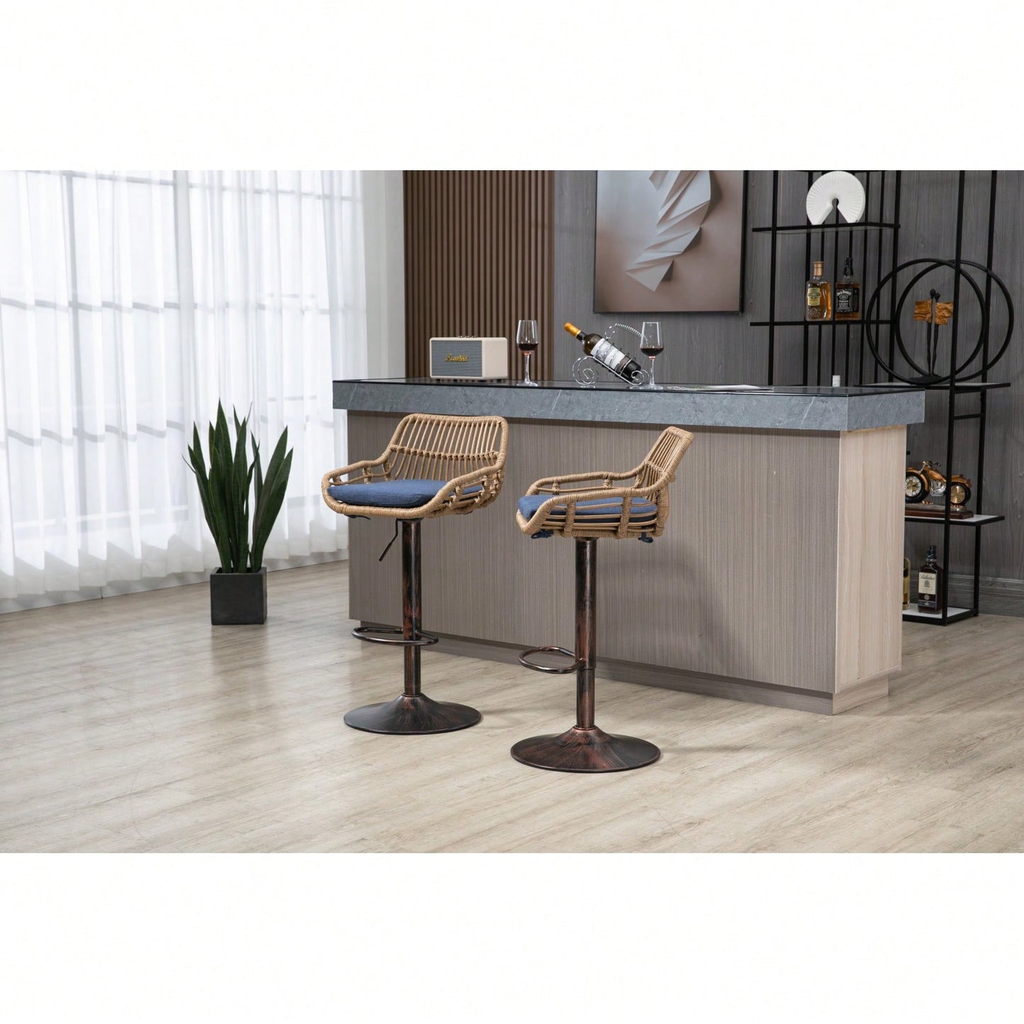 Adjustable Swivel Bar Stools Set of 2 with Linen Upholstery and Vintage Gold Legs for Kitchen and Dining Room