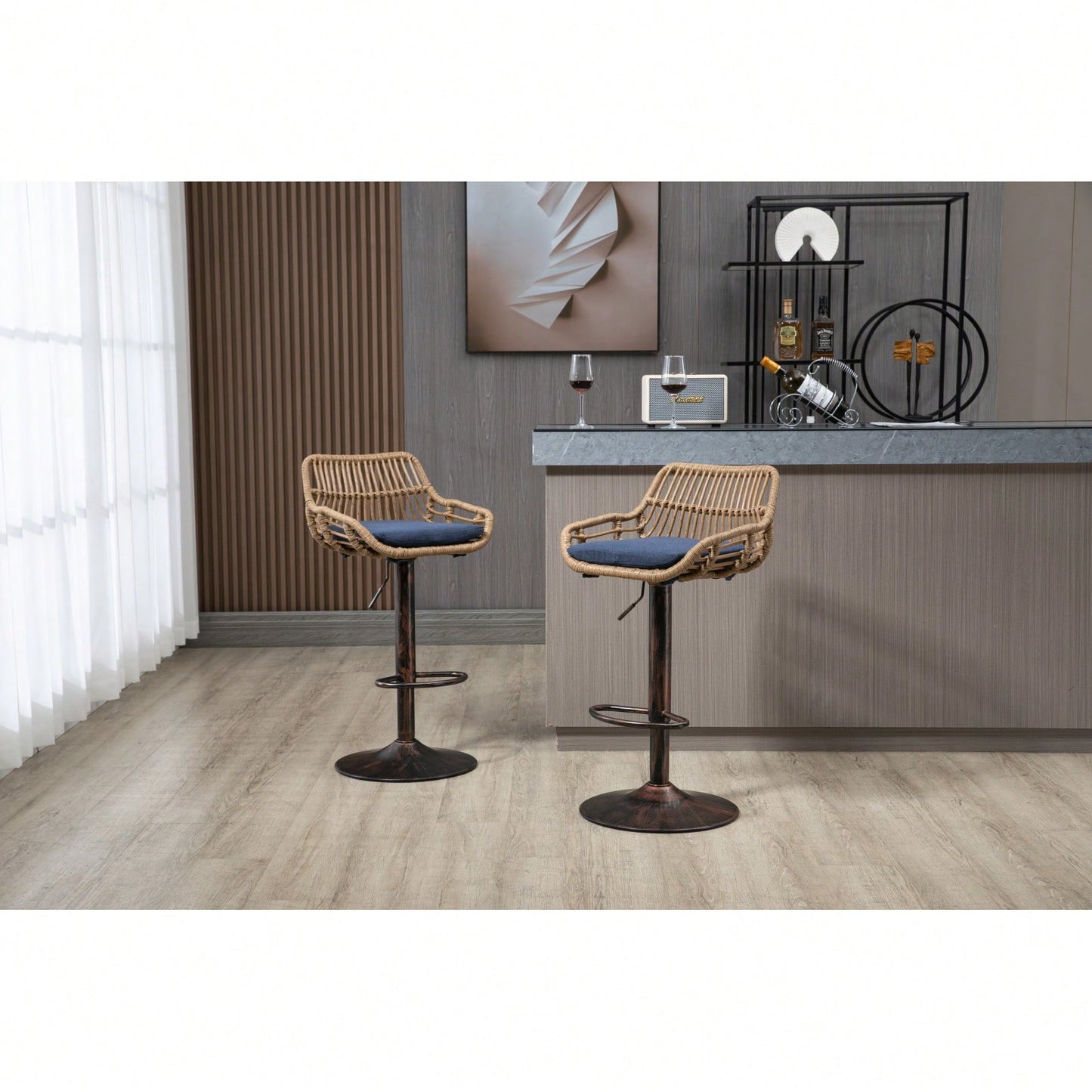 Adjustable Swivel Bar Stools Set of 2 with Linen Upholstery and Vintage Gold Legs for Kitchen and Dining Room