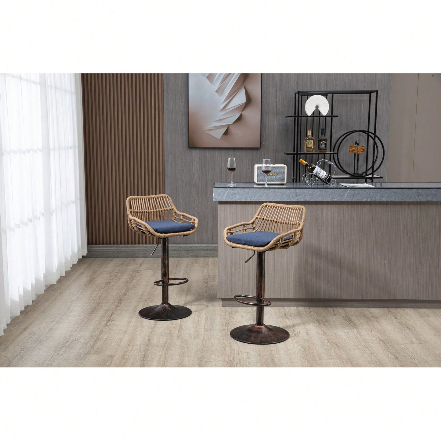 Adjustable Swivel Bar Stools Set of 2 with Linen Upholstery and Vintage Gold Legs for Kitchen and Dining Room