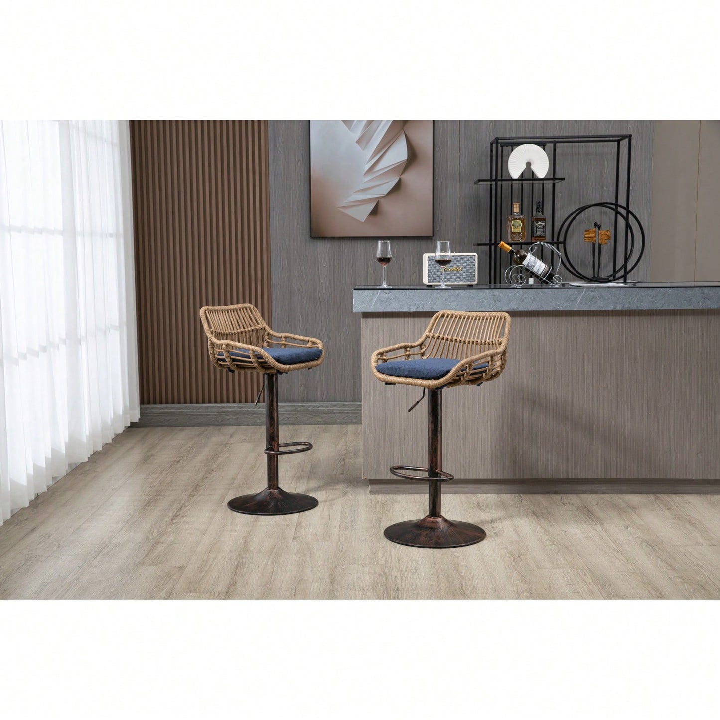 Adjustable Swivel Bar Stools Set of 2 with Linen Upholstery and Vintage Gold Legs for Kitchen and Dining Room