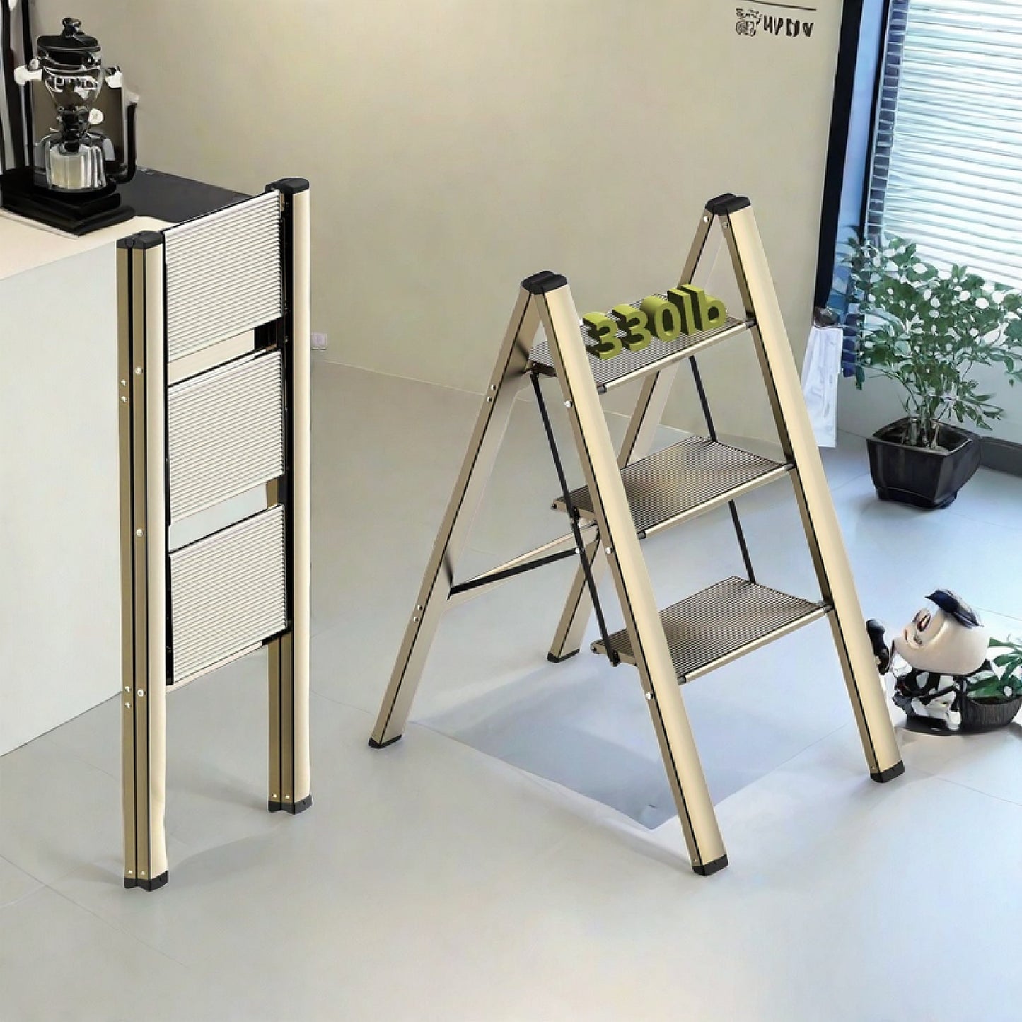 3-Step Aluminum Folding Ladder with Non-Skid Pedals 300 lb Capacity for Home Office and Kitchen Use