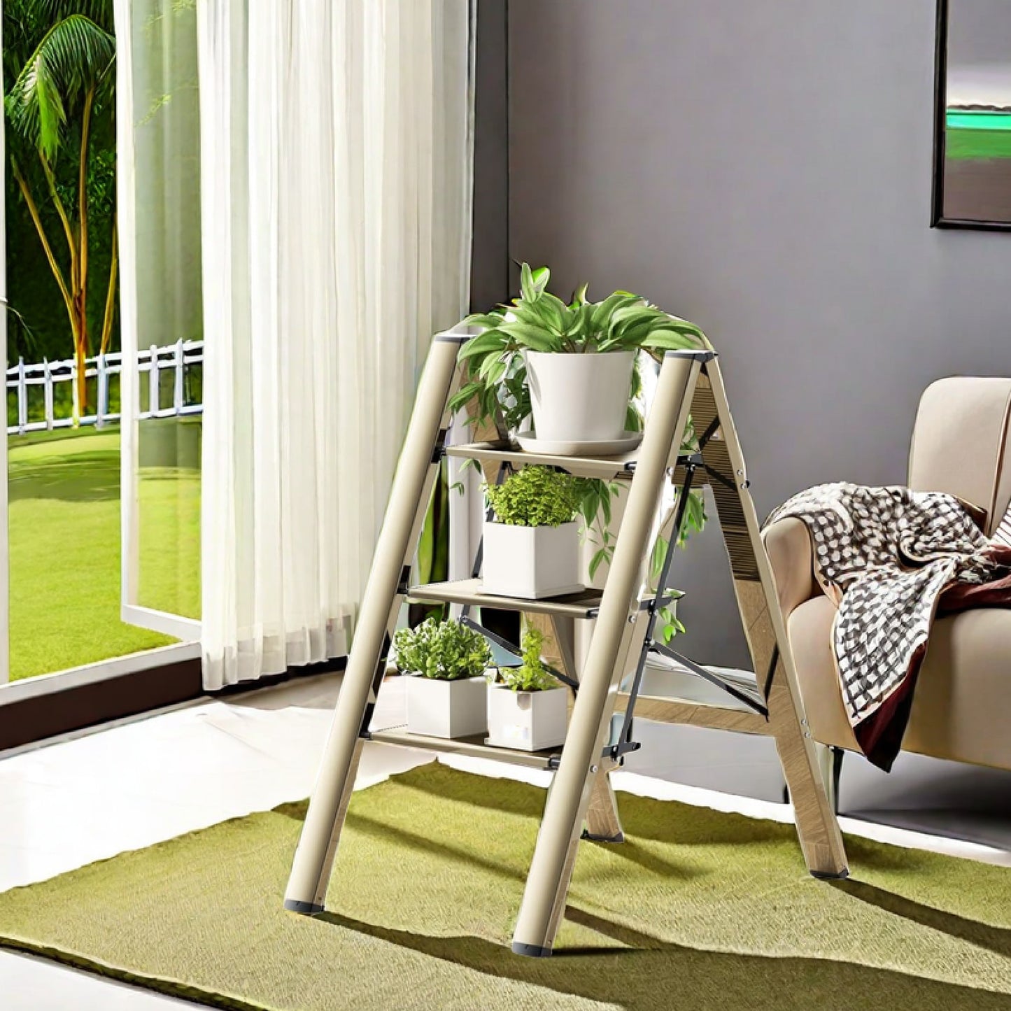 3-Step Aluminum Folding Ladder with Non-Skid Pedals 300 lb Capacity for Home Office and Kitchen Use
