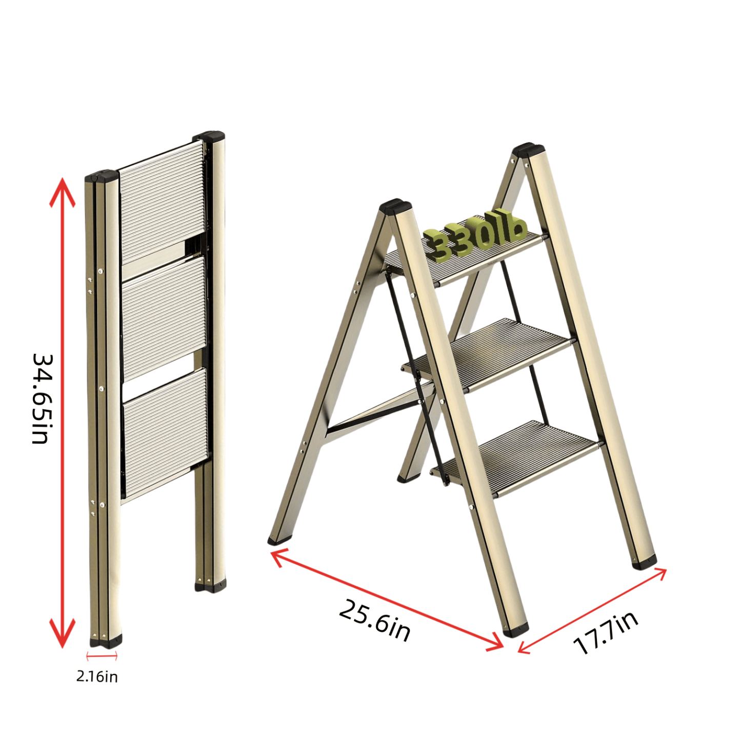 3-Step Aluminum Folding Ladder with Non-Skid Pedals 300 lb Capacity for Home Office and Kitchen Use