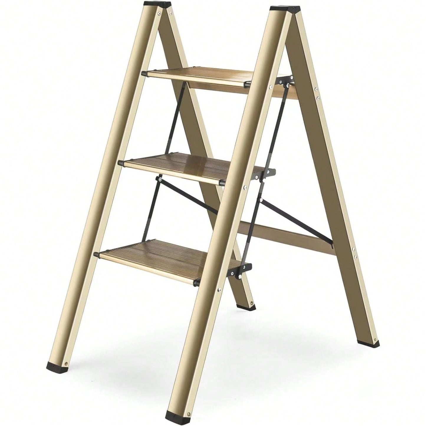 3-Step Aluminum Folding Ladder with Non-Skid Pedals 300 lb Capacity for Home Office and Kitchen Use
