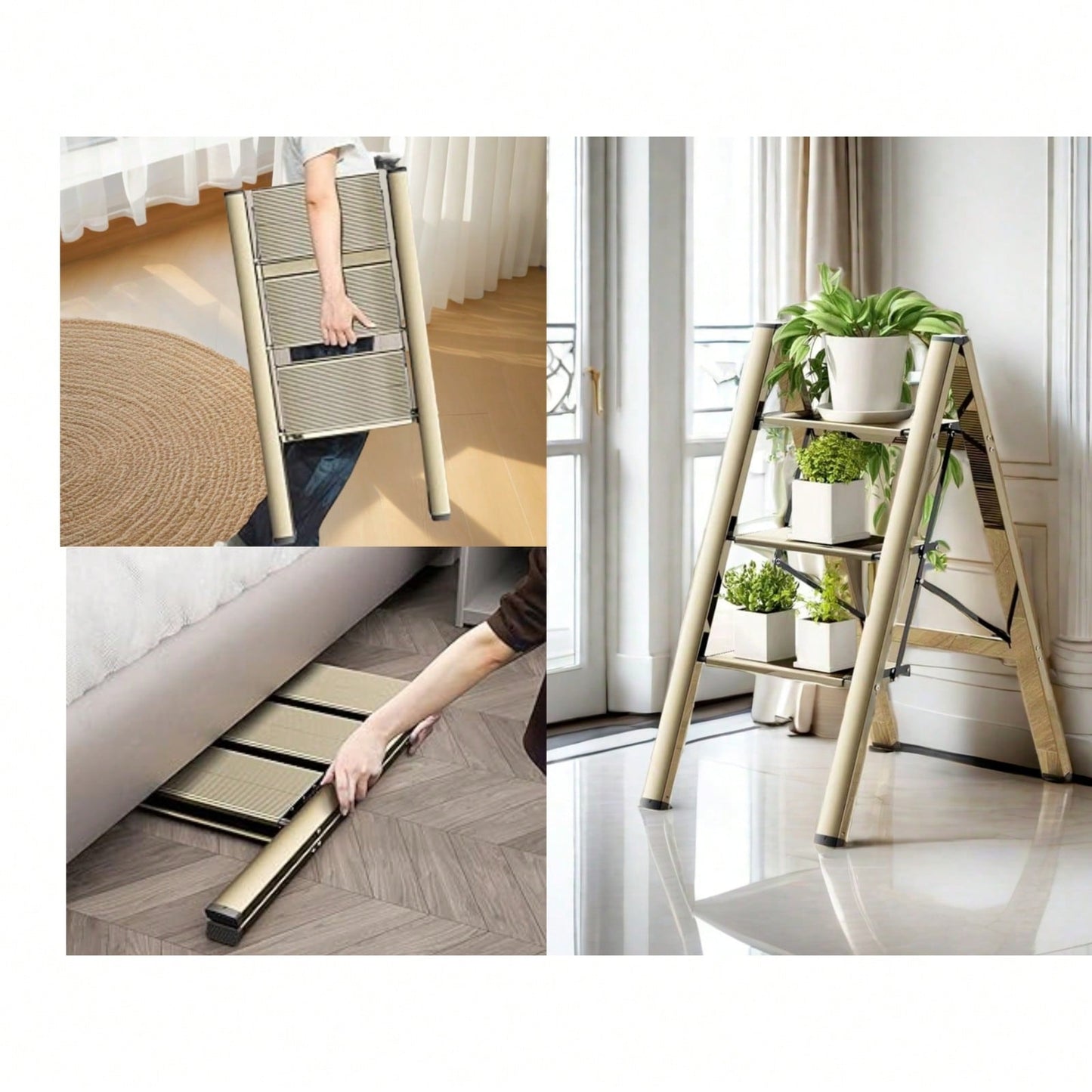 3-Step Aluminum Folding Ladder with Non-Skid Pedals 300 lb Capacity for Home Office and Kitchen Use