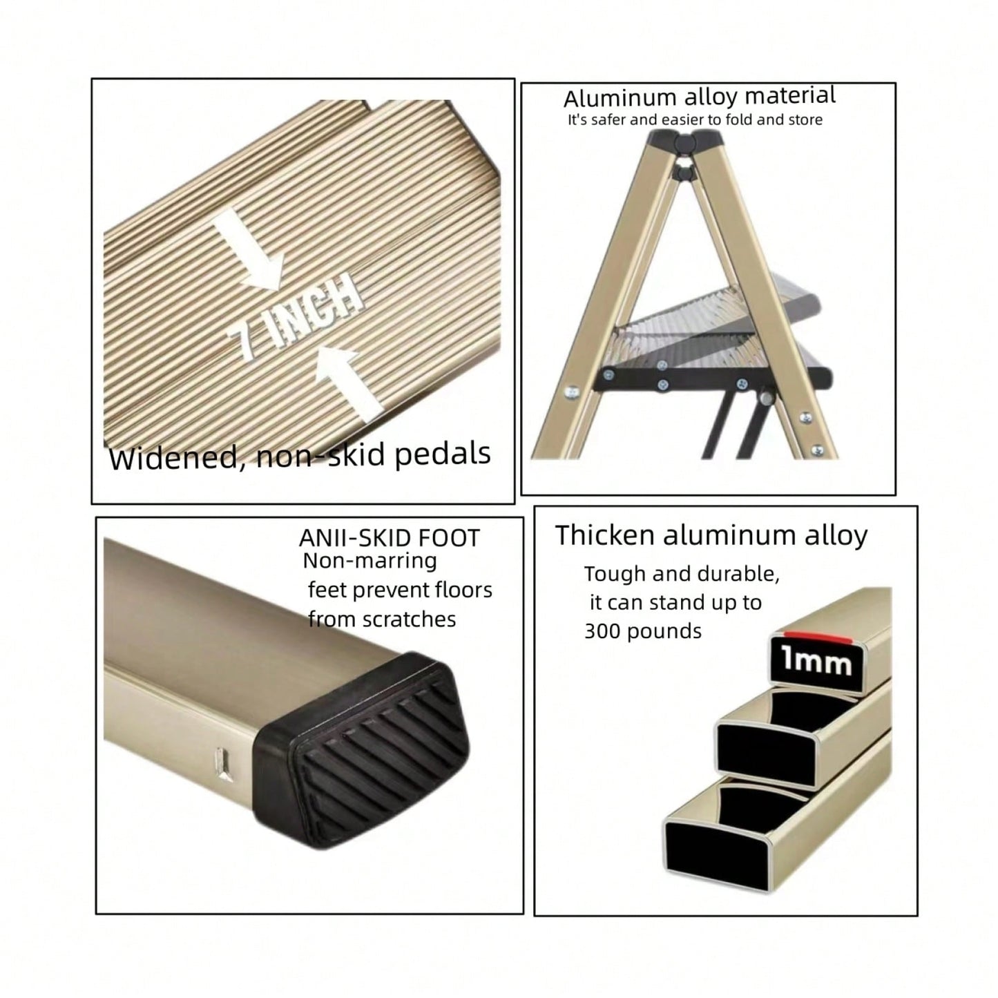 3-Step Aluminum Folding Ladder with Non-Skid Pedals 300 lb Capacity for Home Office and Kitchen Use