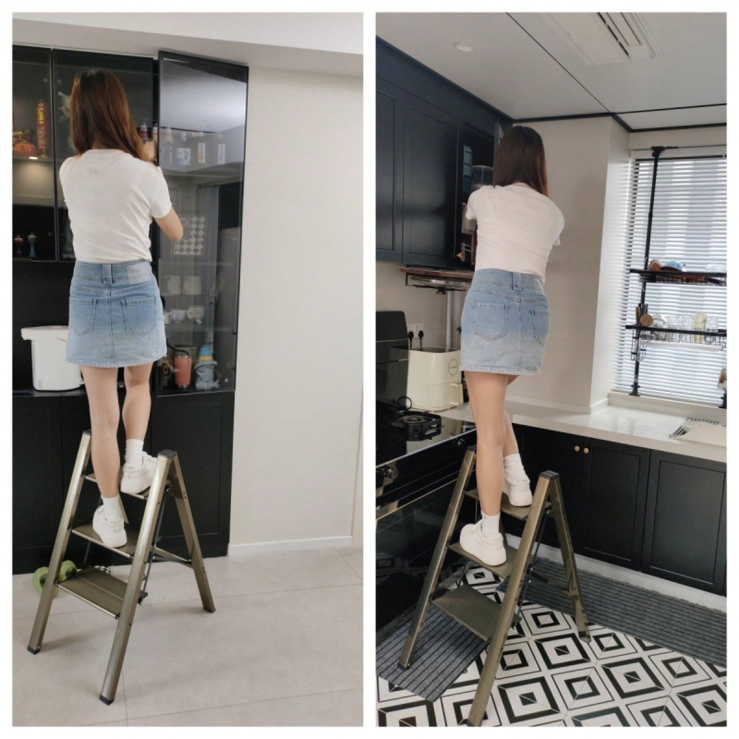3-Step Aluminum Folding Ladder with Non-Skid Pedals 300 lb Capacity for Home Office and Kitchen Use