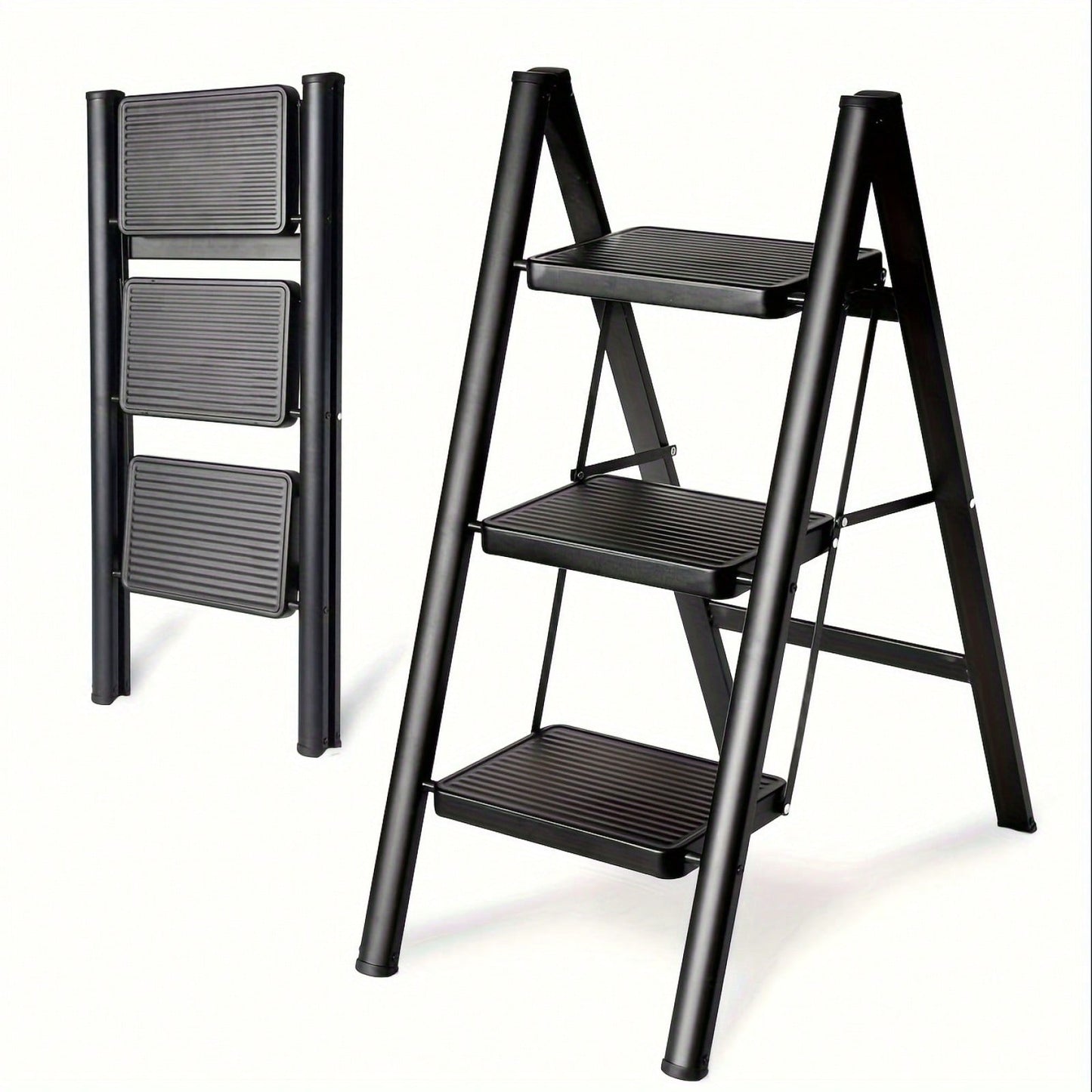 3-Step Aluminum Folding Ladder with Non-Skid Pedals 300 lb Capacity for Home Office and Kitchen Use