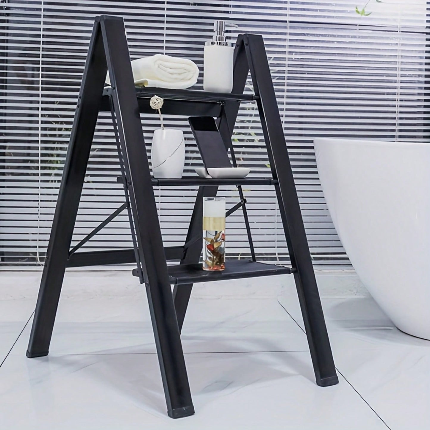 3-Step Aluminum Folding Ladder with Non-Skid Pedals 300 lb Capacity for Home Office and Kitchen Use