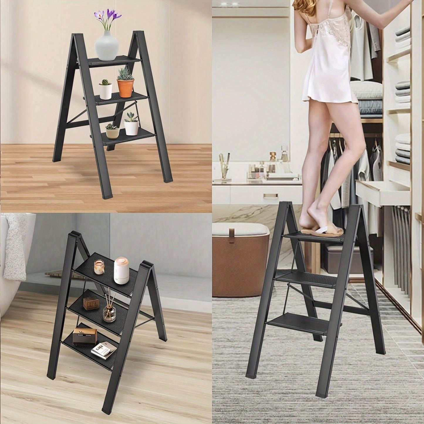3-Step Aluminum Folding Ladder with Non-Skid Pedals 300 lb Capacity for Home Office and Kitchen Use
