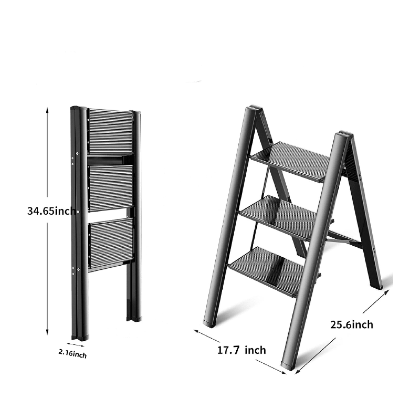 3-Step Aluminum Folding Ladder with Non-Skid Pedals 300 lb Capacity for Home Office and Kitchen Use