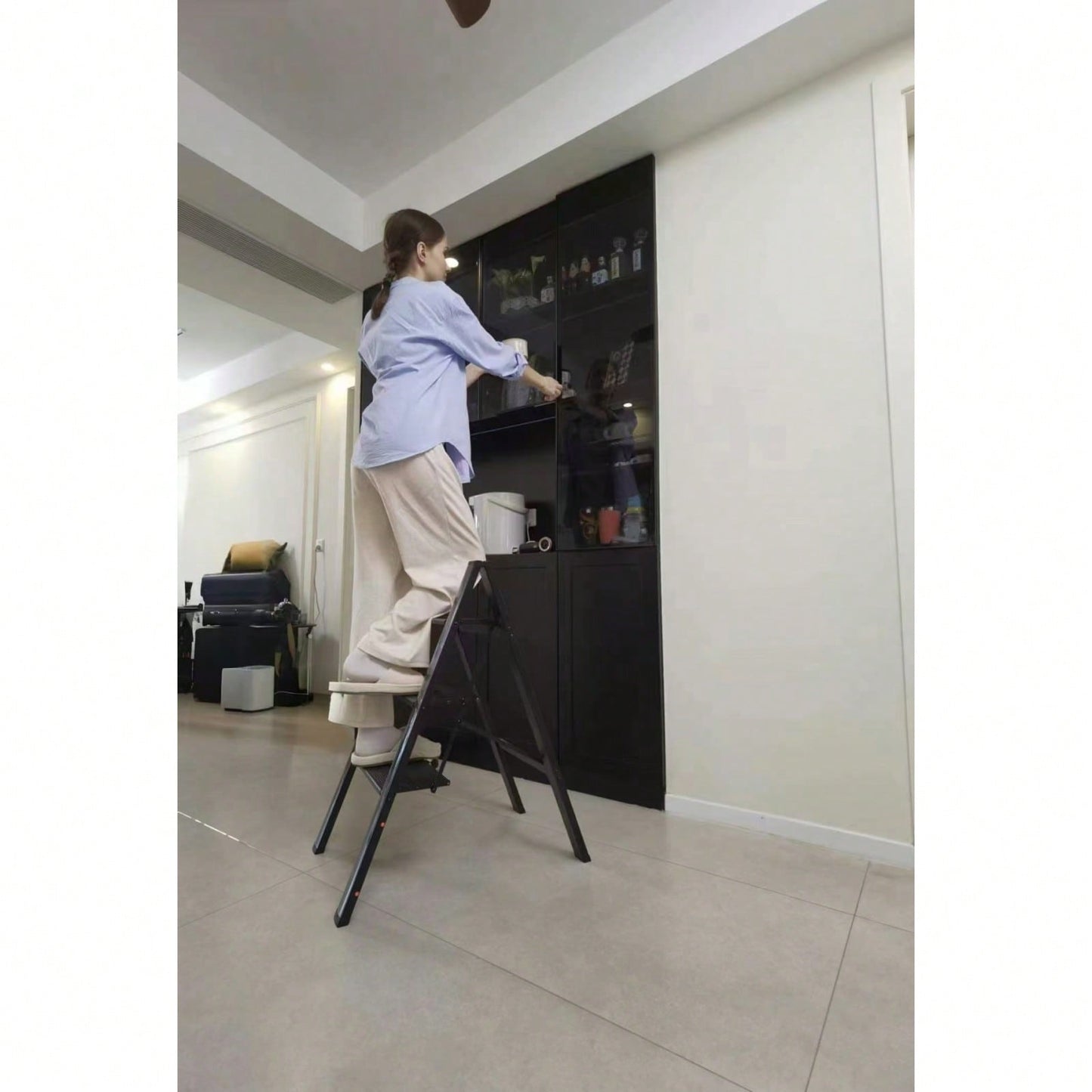 3-Step Aluminum Folding Ladder with Non-Skid Pedals 300 lb Capacity for Home Office and Kitchen Use