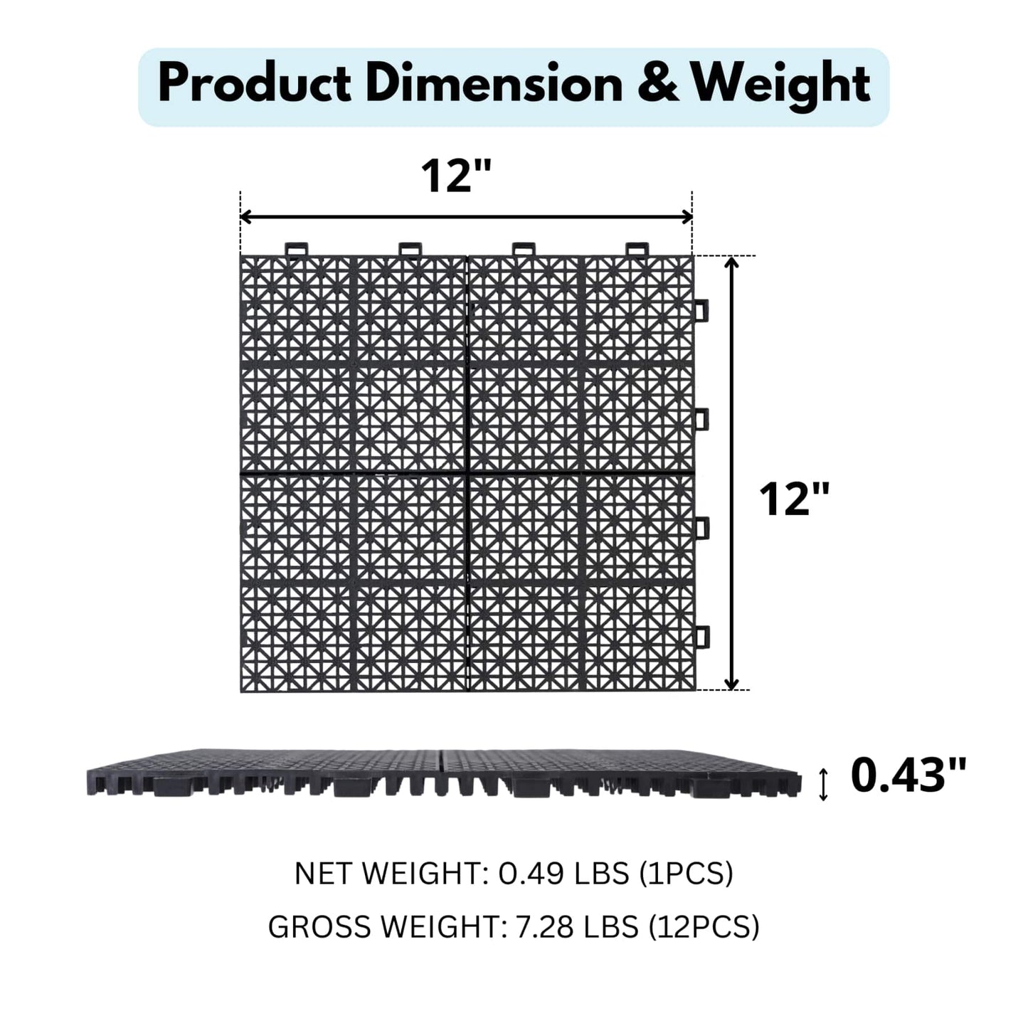Black Interlocking Deck Tiles 12x12 Inch Waterproof Outdoor Anti-Slip High Weight Capacity Pack of 12 Rosette Pattern