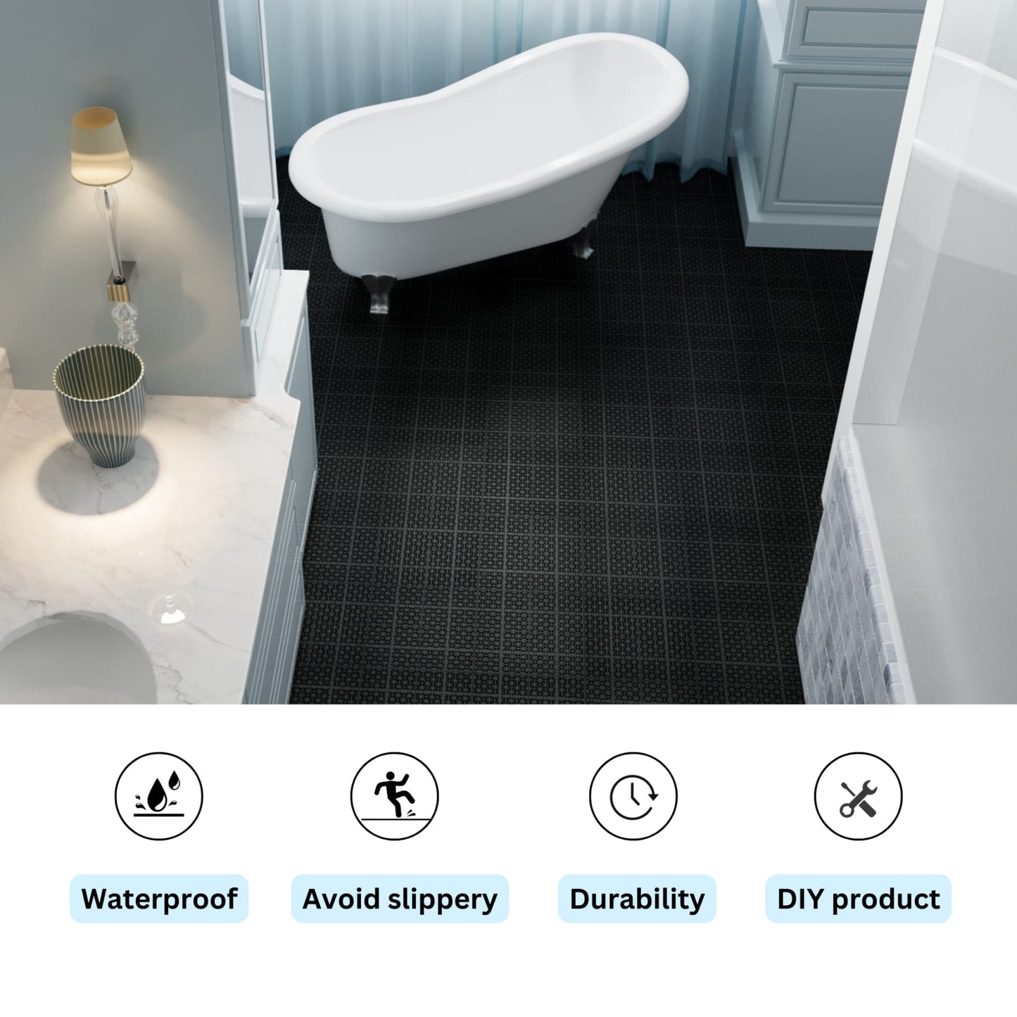 Black Interlocking Deck Tiles 12x12 Inch Waterproof Outdoor Anti-Slip High Weight Capacity Pack of 12 Rosette Pattern