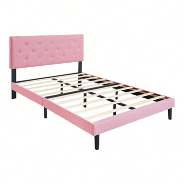 Modern Pink Upholstered Platform Bed Frame with Tufted Linen Headboard No Box Spring Required Easy Assembly